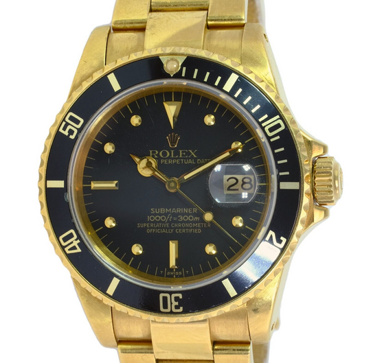 Rolex Men's Submariner 16808 Watch 18KY Gold Black Nipple Dial W/ Box & Papers - luxuriantconcierge