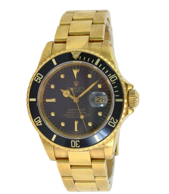 Rolex Men's Submariner 16808 Watch 18KY Gold Black Nipple Dial W/ Box & Papers - luxuriantconcierge