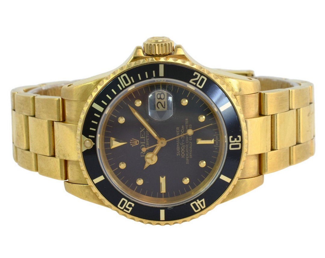 Rolex Men's Submariner 16808 Watch 18KY Gold Black Nipple Dial W/ Box & Papers - luxuriantconcierge