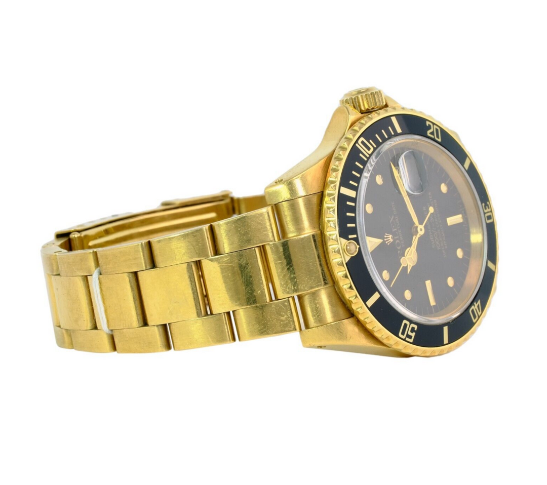 Rolex Men's Submariner 16808 Watch 18KY Gold Black Nipple Dial W/ Box & Papers - luxuriantconcierge