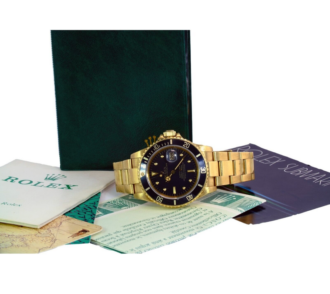 Rolex Men's Submariner 16808 Watch 18KY Gold Black Nipple Dial W/ Box & Papers - luxuriantconcierge