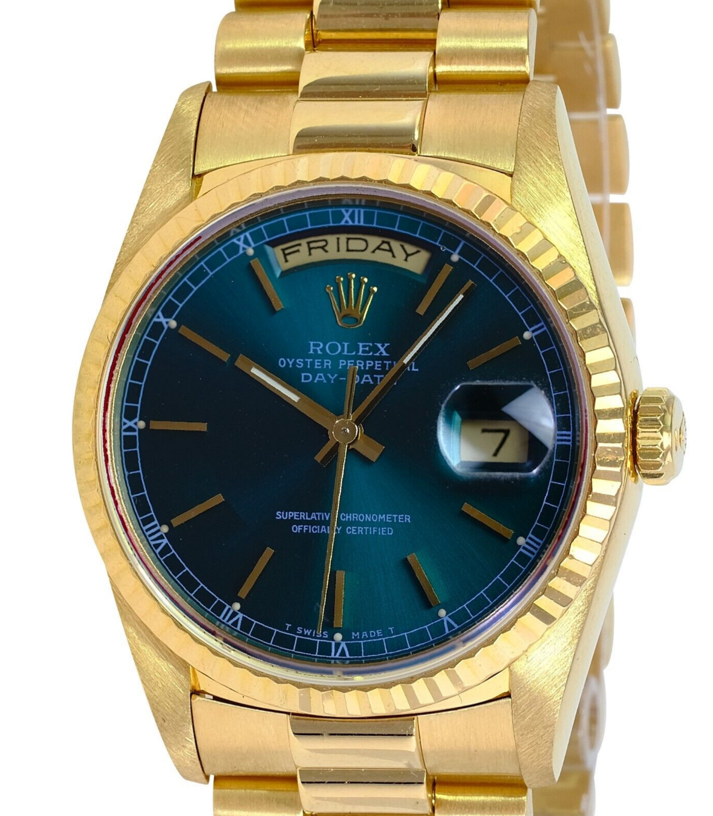 Rolex Men's Day-date Watch 18KY Rare Original Green Index Dial Fluted Bezel 36mm - luxuriantconcierge