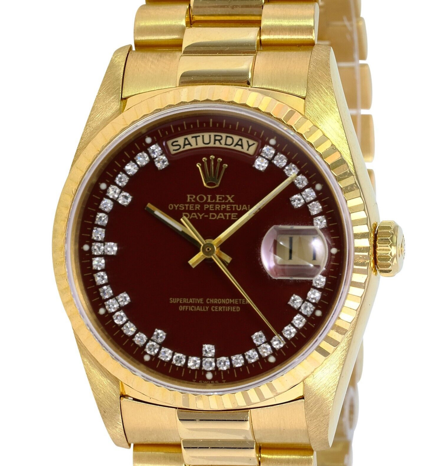 Rolex Men's Day Date 18KY Rare Factory Ox Blood Dial Fluted Bezel 36mm Watch - luxuriantconcierge