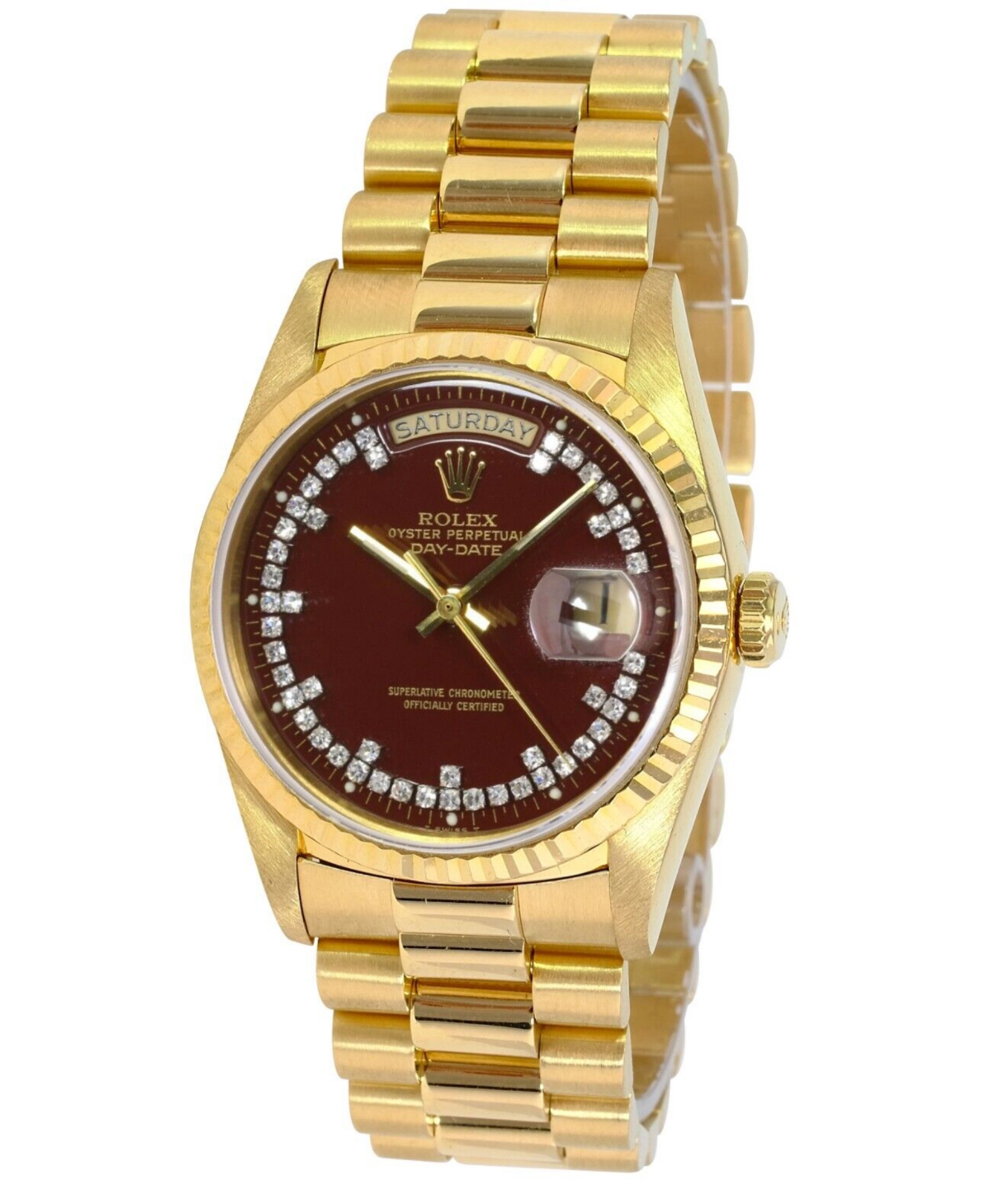 Rolex Men's Day Date 18KY Rare Factory Ox Blood Dial Fluted Bezel 36mm Watch - luxuriantconcierge