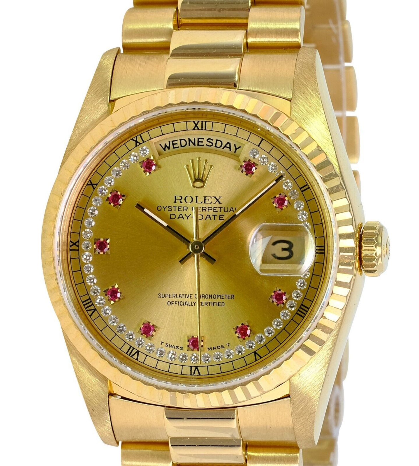 Rolex Men's Day-date 18ky Solid Gold Champagne Ruby Dial Fluted Bezel 36mm Watch - luxuriantconcierge