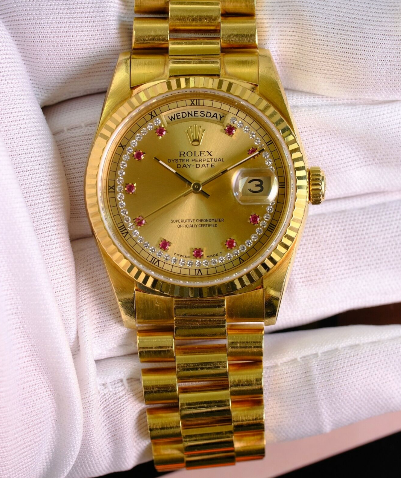 Rolex Men's Day-date 18ky Solid Gold Champagne Ruby Dial Fluted Bezel 36mm Watch - luxuriantconcierge