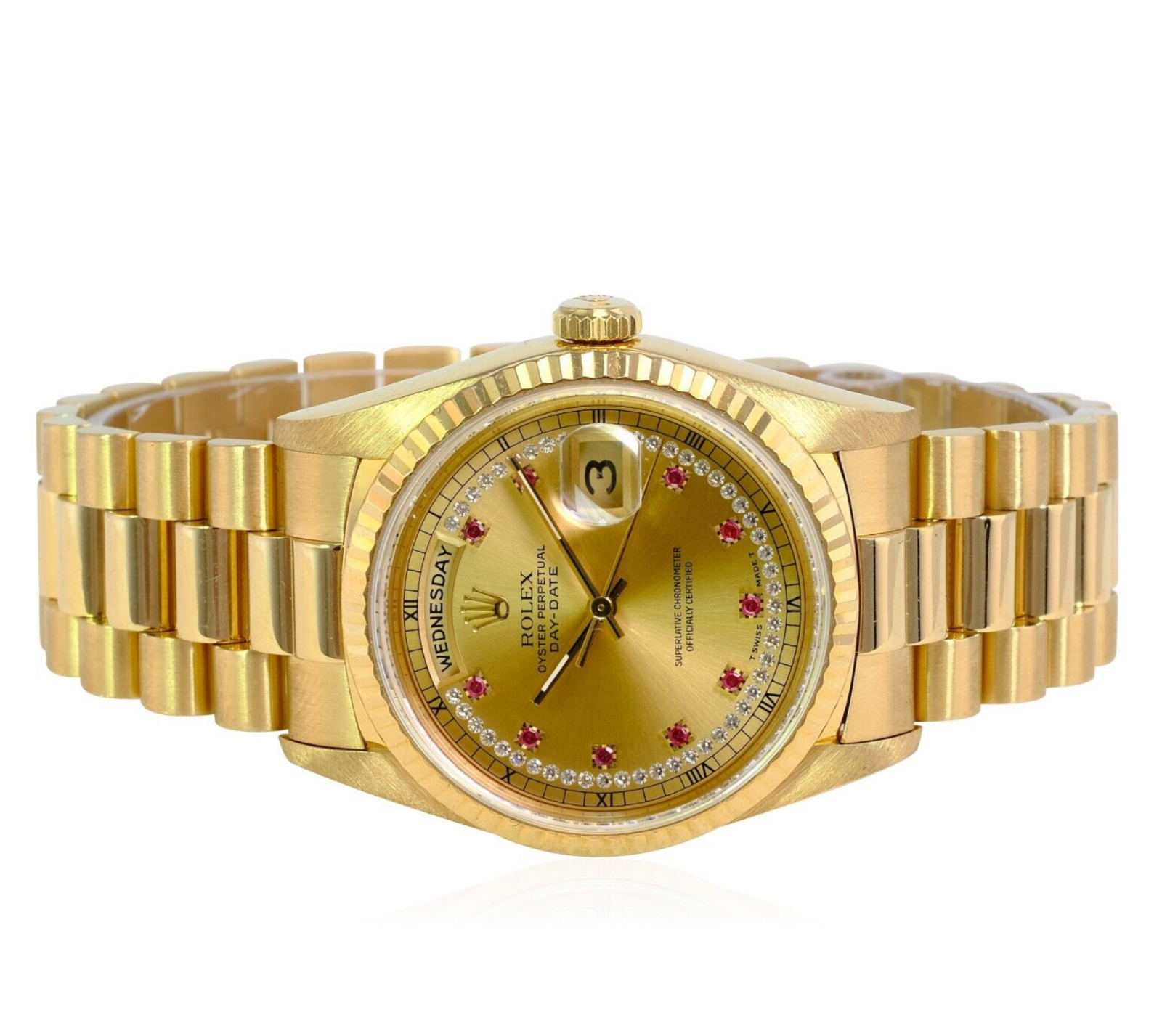 Rolex Men's Day-date 18ky Solid Gold Champagne Ruby Dial Fluted Bezel 36mm Watch - luxuriantconcierge