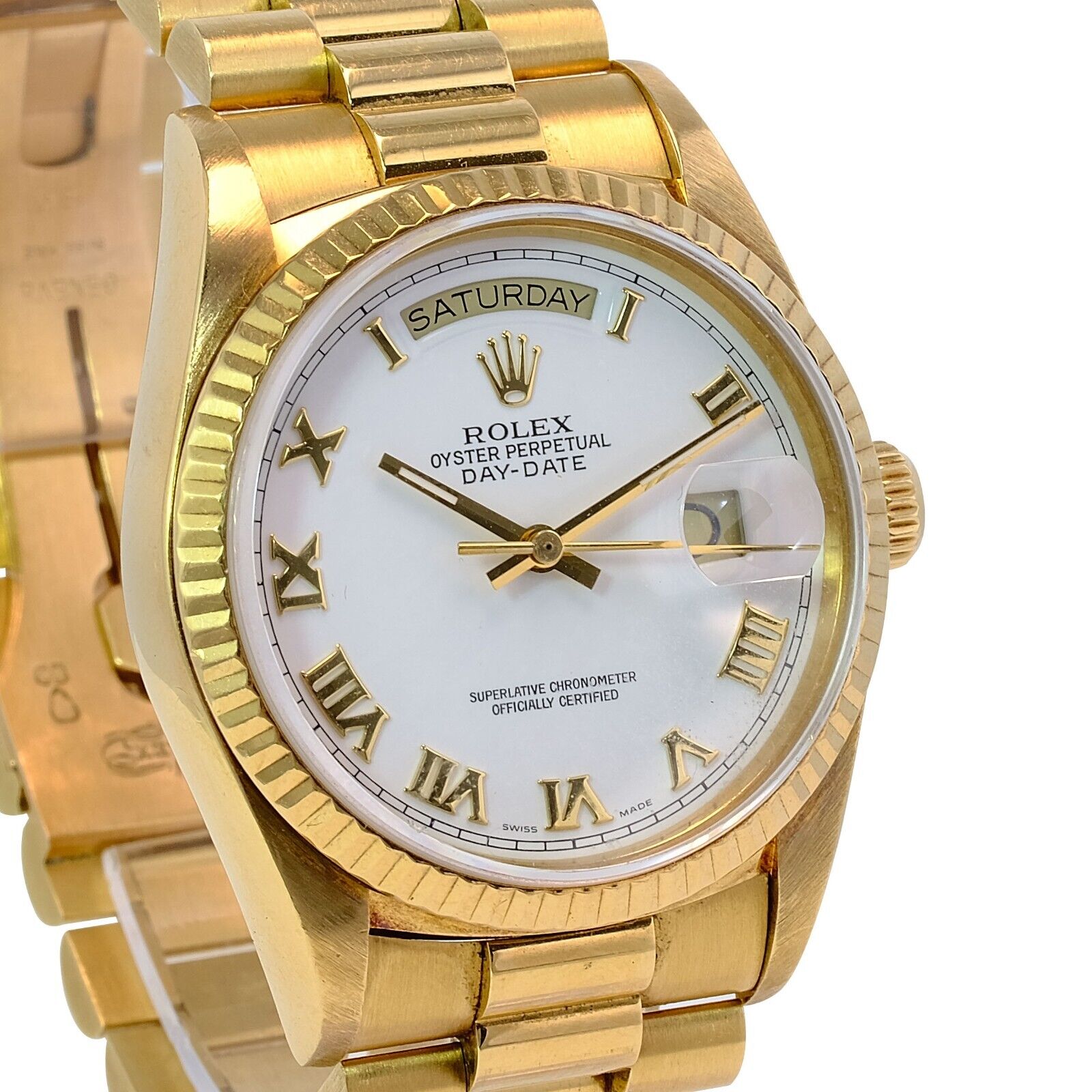 Rolex Men's Day-date 18k Yellow Gold White Roman Dial Fluted Bezel 36mm Watch - luxuriantconcierge