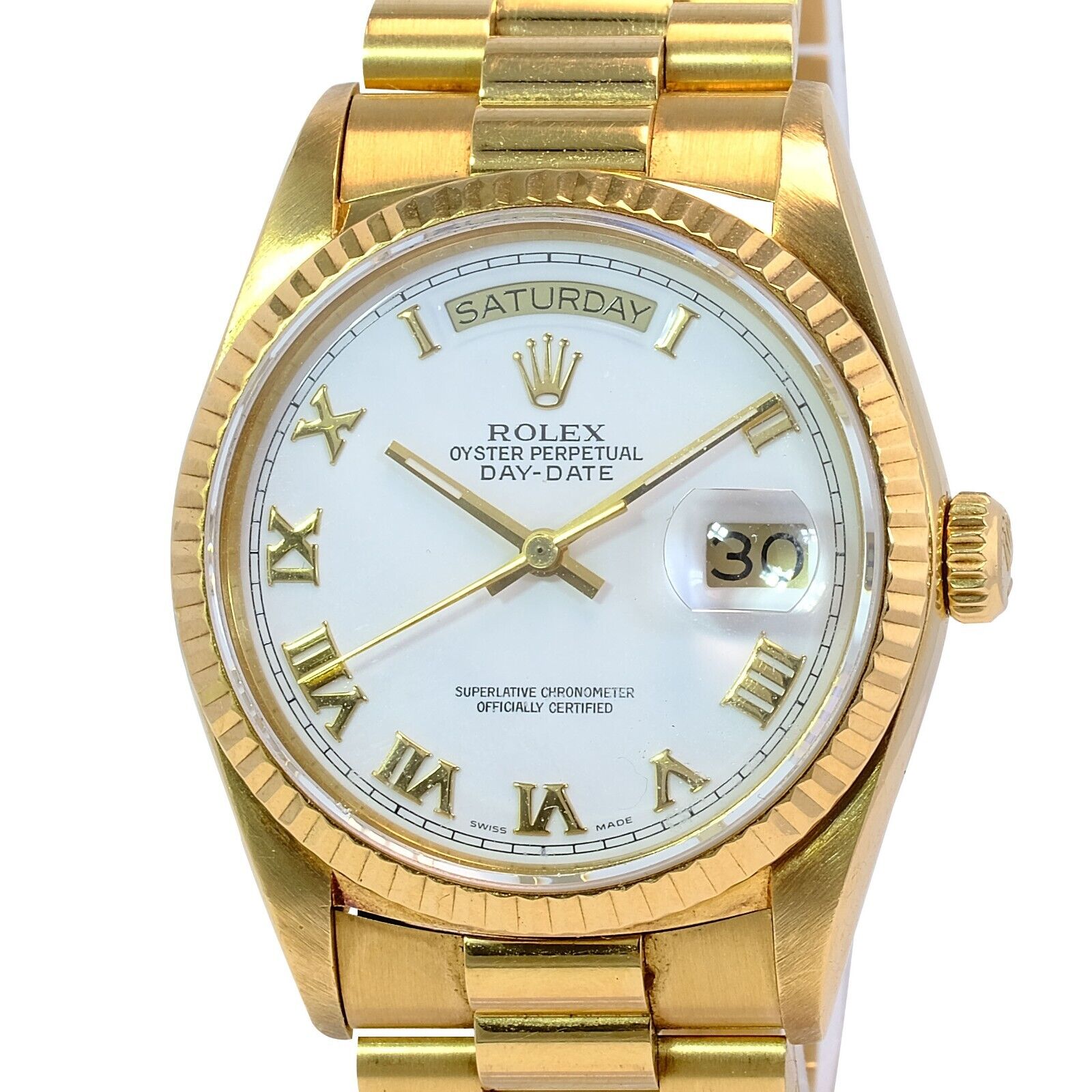 Rolex Men's Day-date 18k Yellow Gold White Roman Dial Fluted Bezel 36mm Watch - luxuriantconcierge