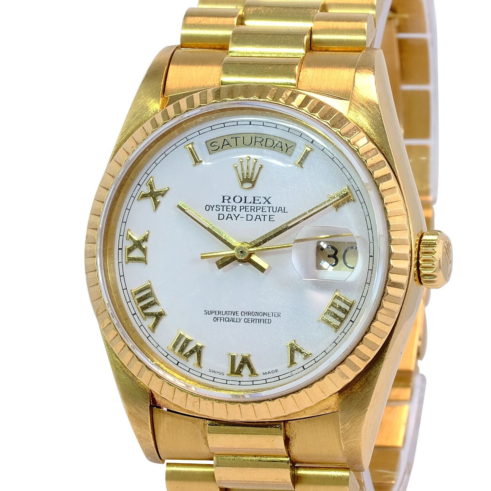 Rolex Men's Day-date 18k Yellow Gold White Roman Dial Fluted Bezel 36mm Watch - luxuriantconcierge