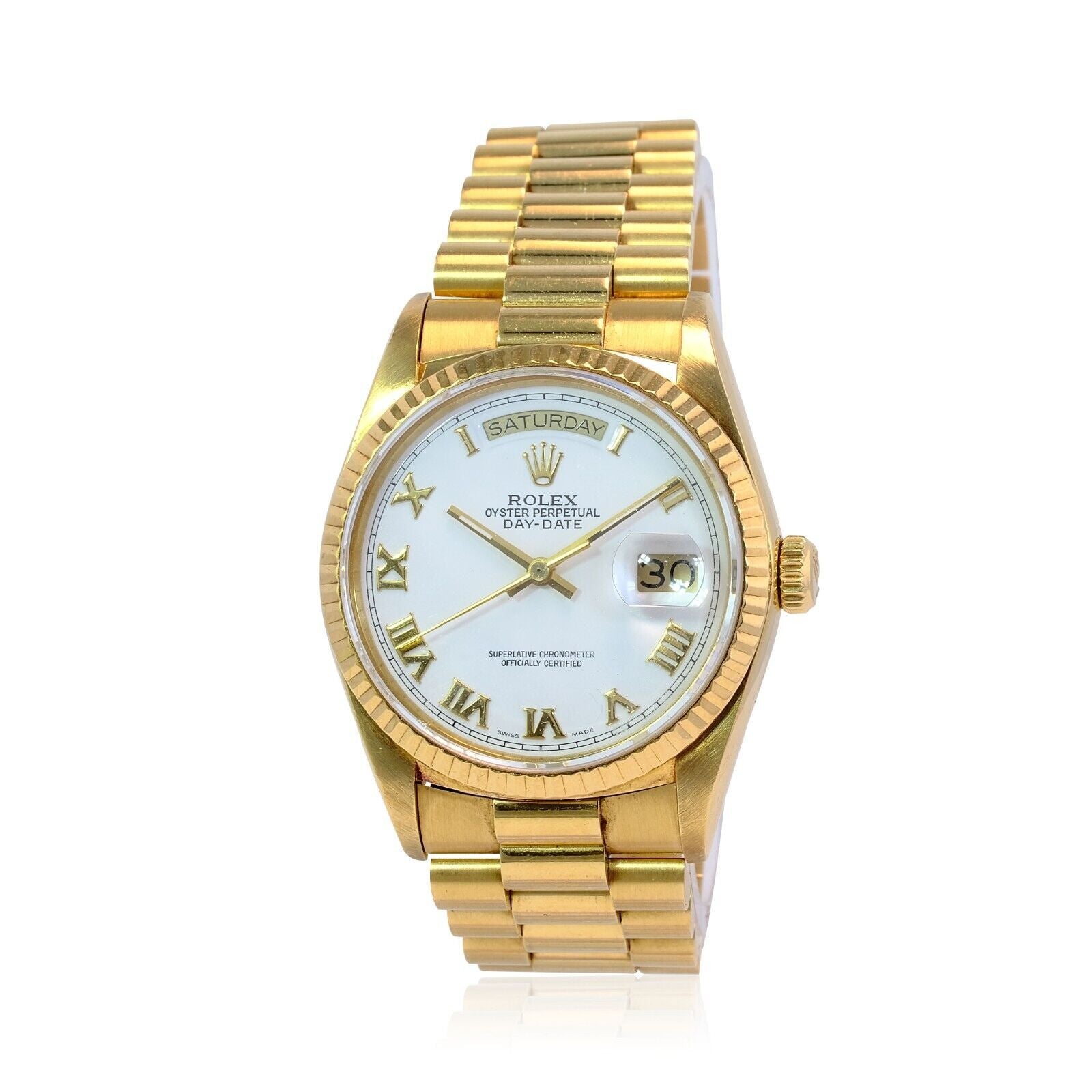 Rolex Men's Day-date 18k Yellow Gold White Roman Dial Fluted Bezel 36mm Watch - luxuriantconcierge