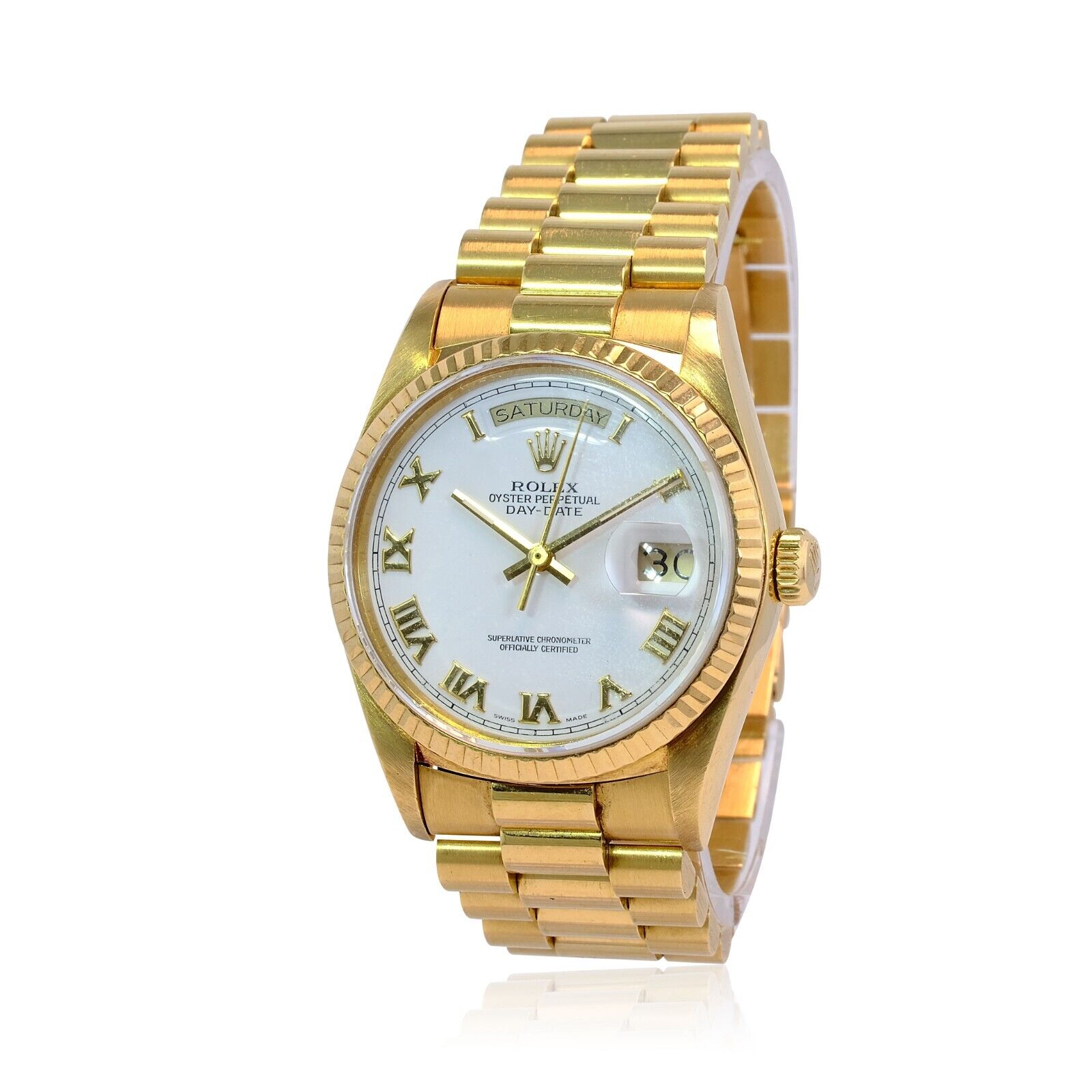 Rolex Men's Day-date 18k Yellow Gold White Roman Dial Fluted Bezel 36mm Watch - luxuriantconcierge