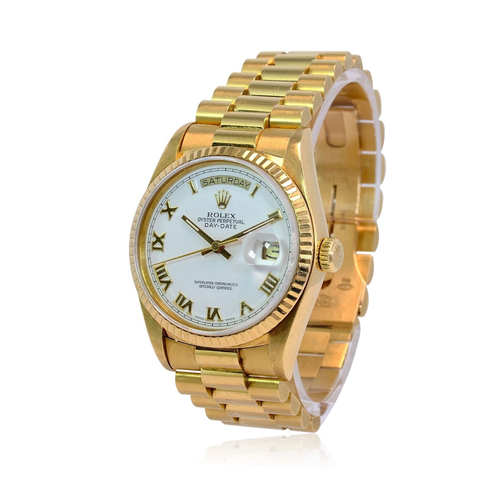 Rolex Men's Day-date 18k Yellow Gold White Roman Dial Fluted Bezel 36mm Watch - luxuriantconcierge