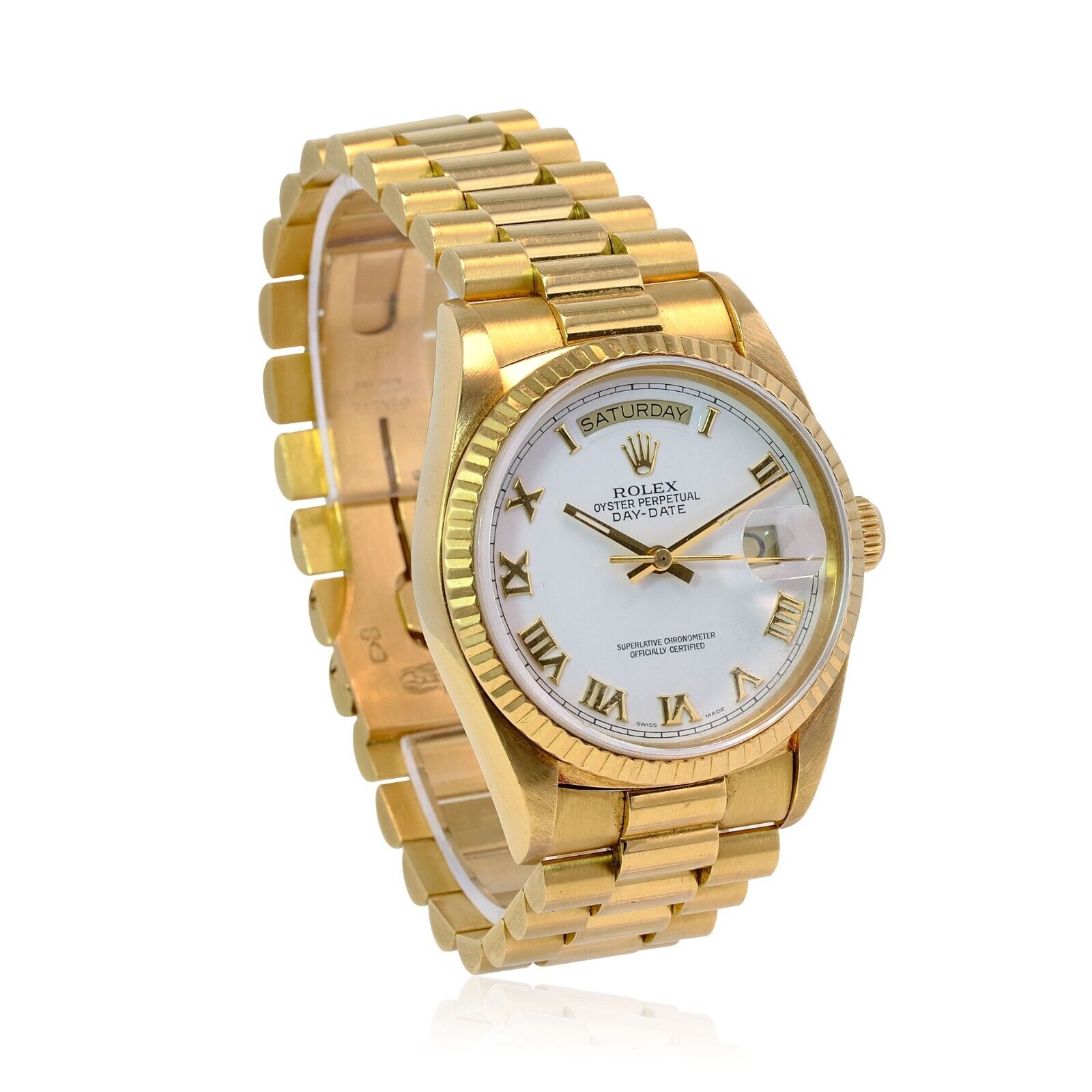 Rolex Men's Day-date 18k Yellow Gold White Roman Dial Fluted Bezel 36mm Watch - luxuriantconcierge