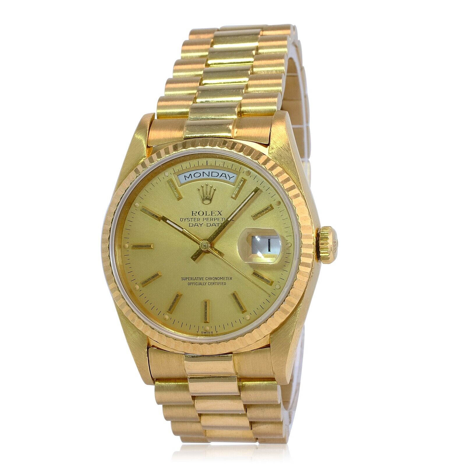 Rolex Day-date 18k Yellow Gold Champagne Index Fluted President Band Watch 36mm - luxuriantconcierge