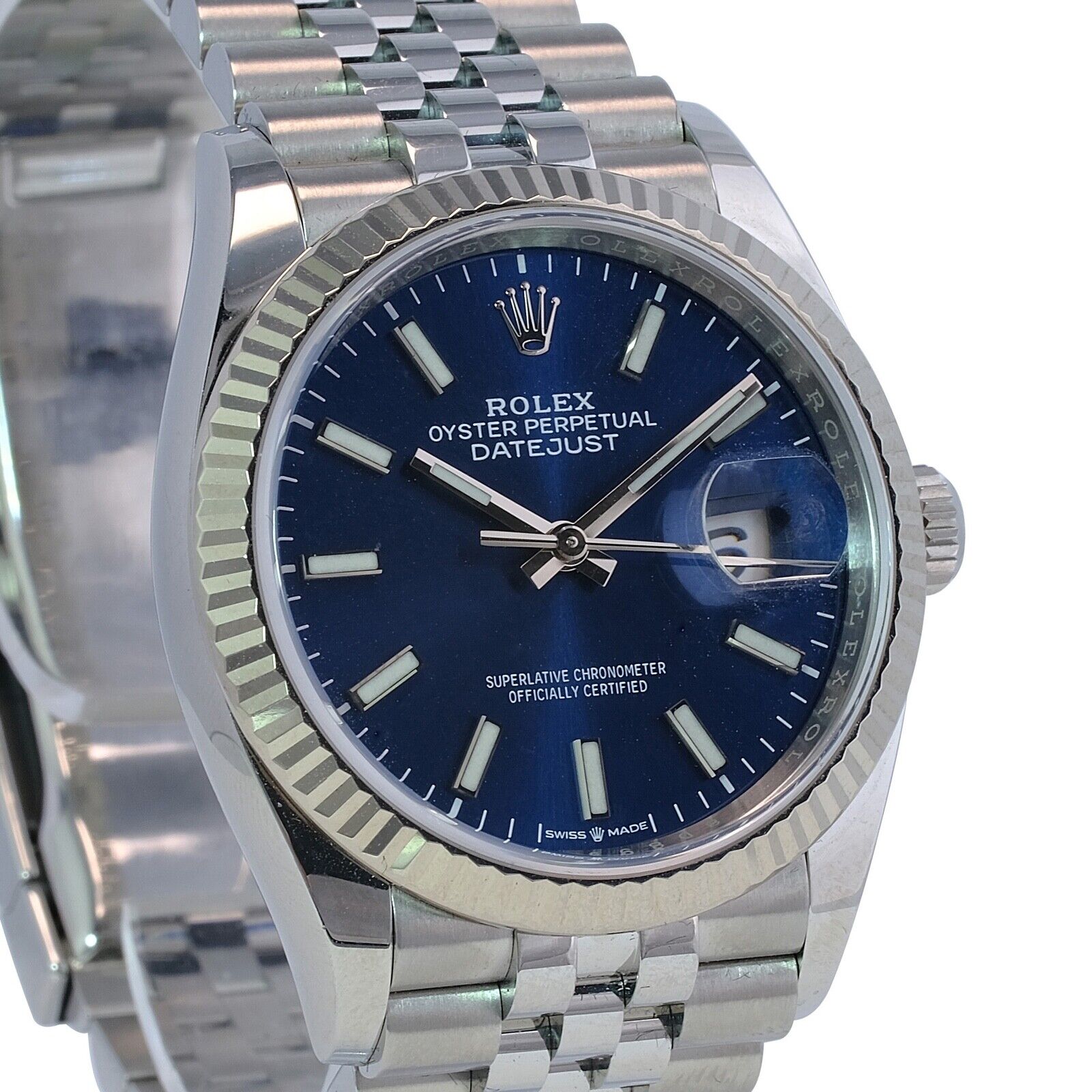 Rolex Datejust 126234 Blue Index Dial 18k White Gold Fluted Jubilee Watch 36mm - luxuriantconcierge