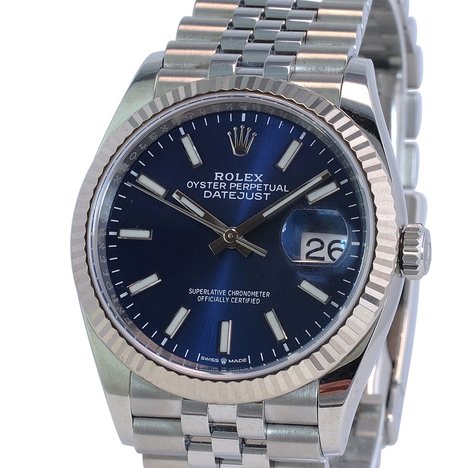 Rolex Datejust 126234 Blue Index Dial 18k White Gold Fluted Jubilee Watch 36mm - luxuriantconcierge