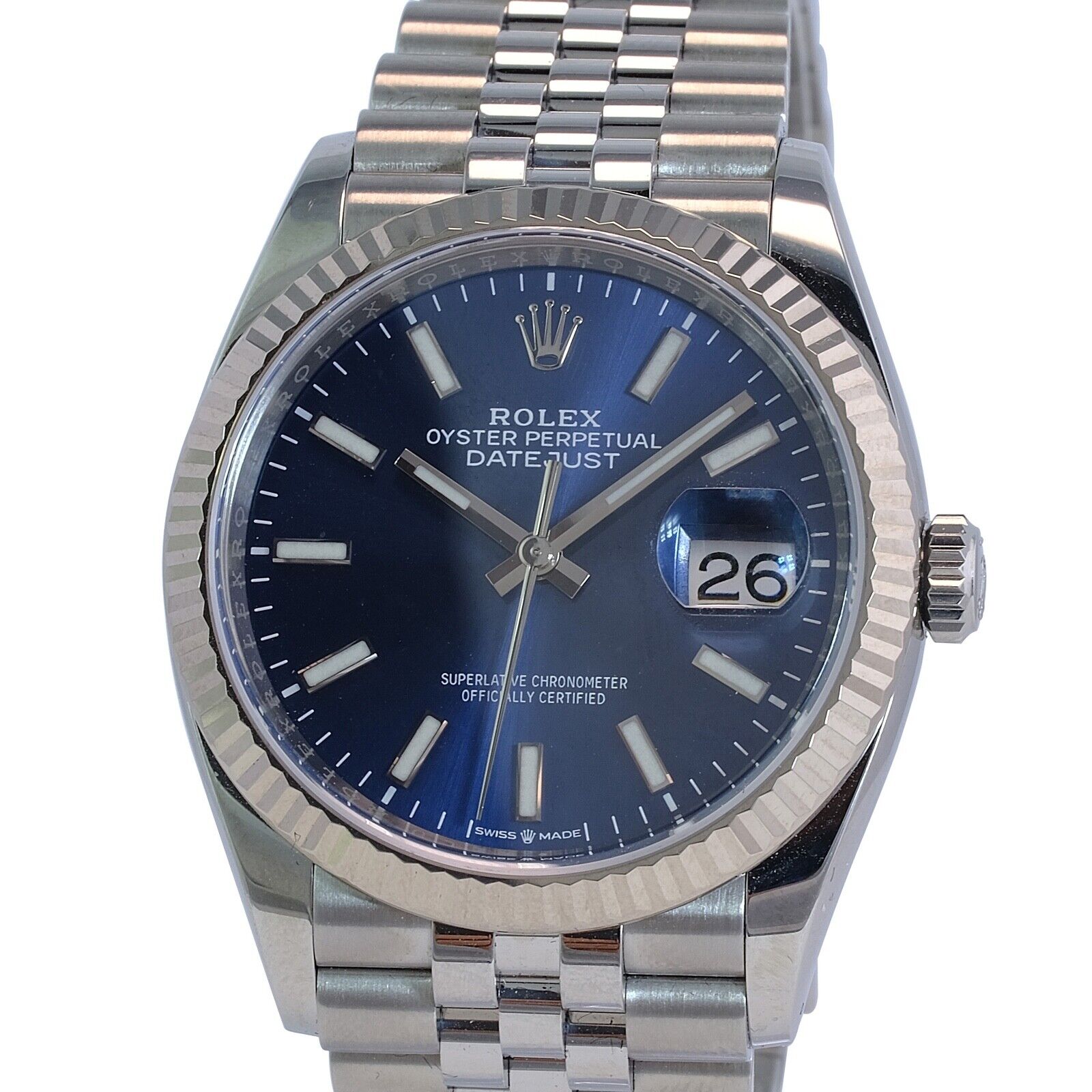 Rolex Datejust 126234 Blue Index Dial 18k White Gold Fluted Jubilee Watch 36mm - luxuriantconcierge