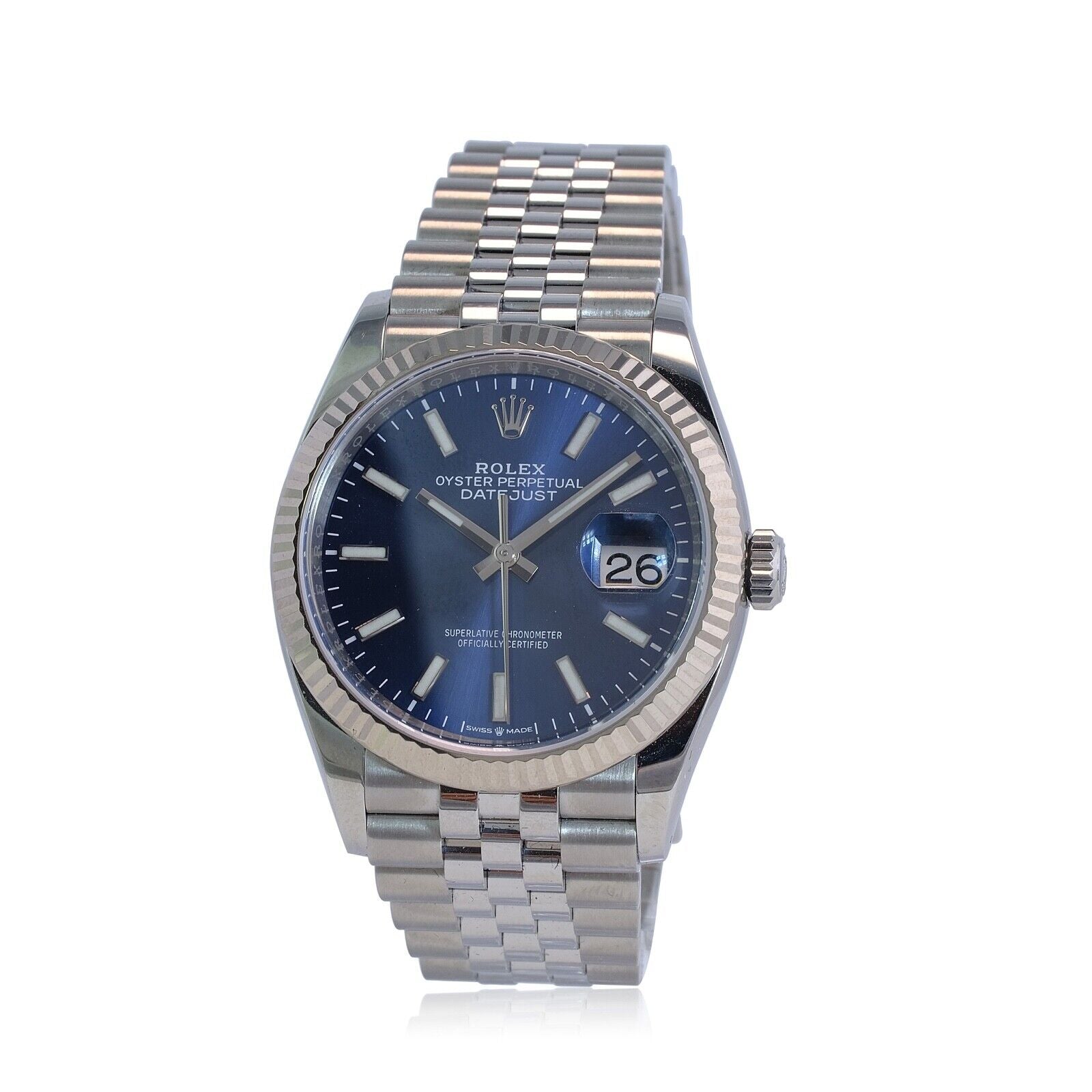 Rolex Datejust 126234 Blue Index Dial 18k White Gold Fluted Jubilee Watch 36mm - luxuriantconcierge