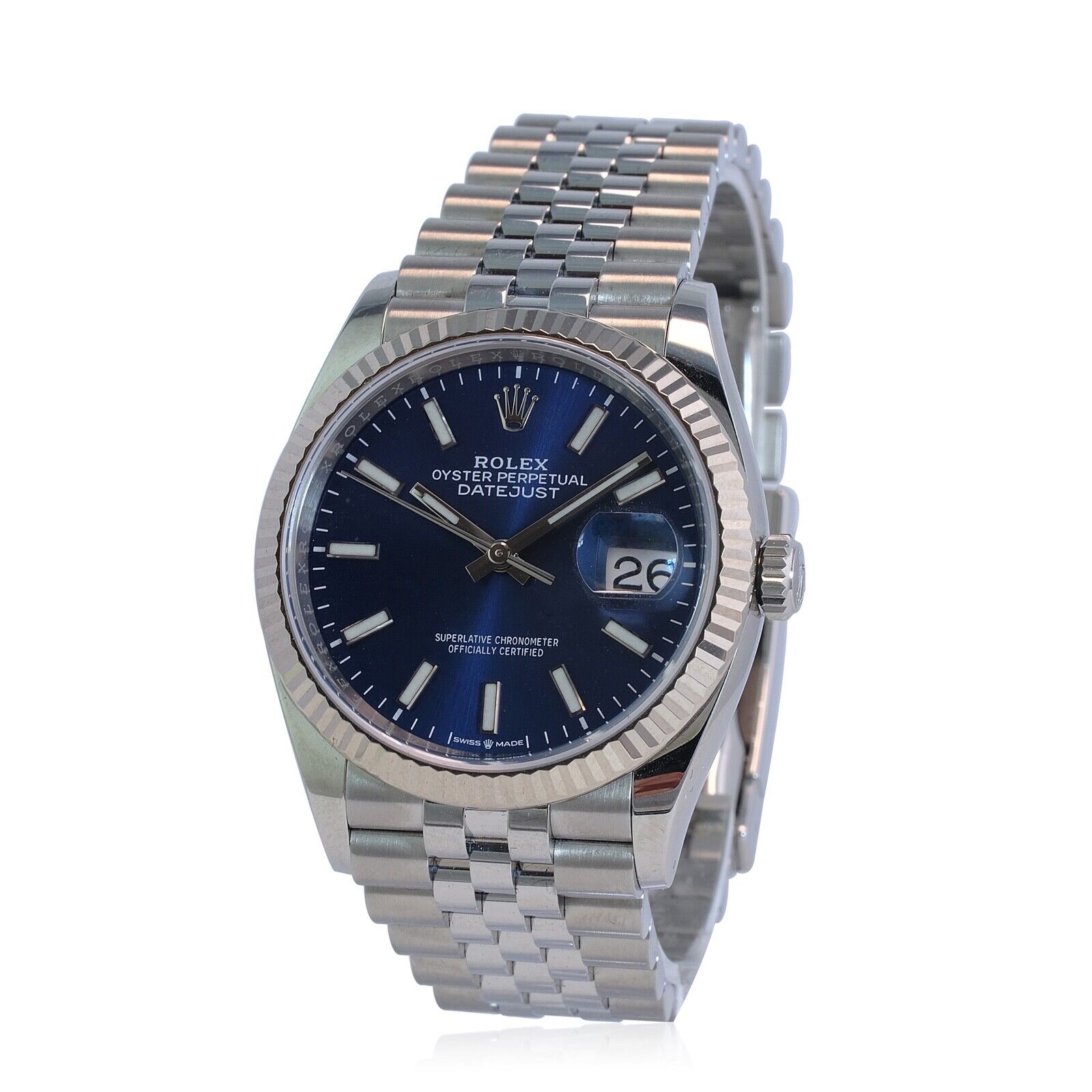 Rolex Datejust 126234 Blue Index Dial 18k White Gold Fluted Jubilee Watch 36mm - luxuriantconcierge