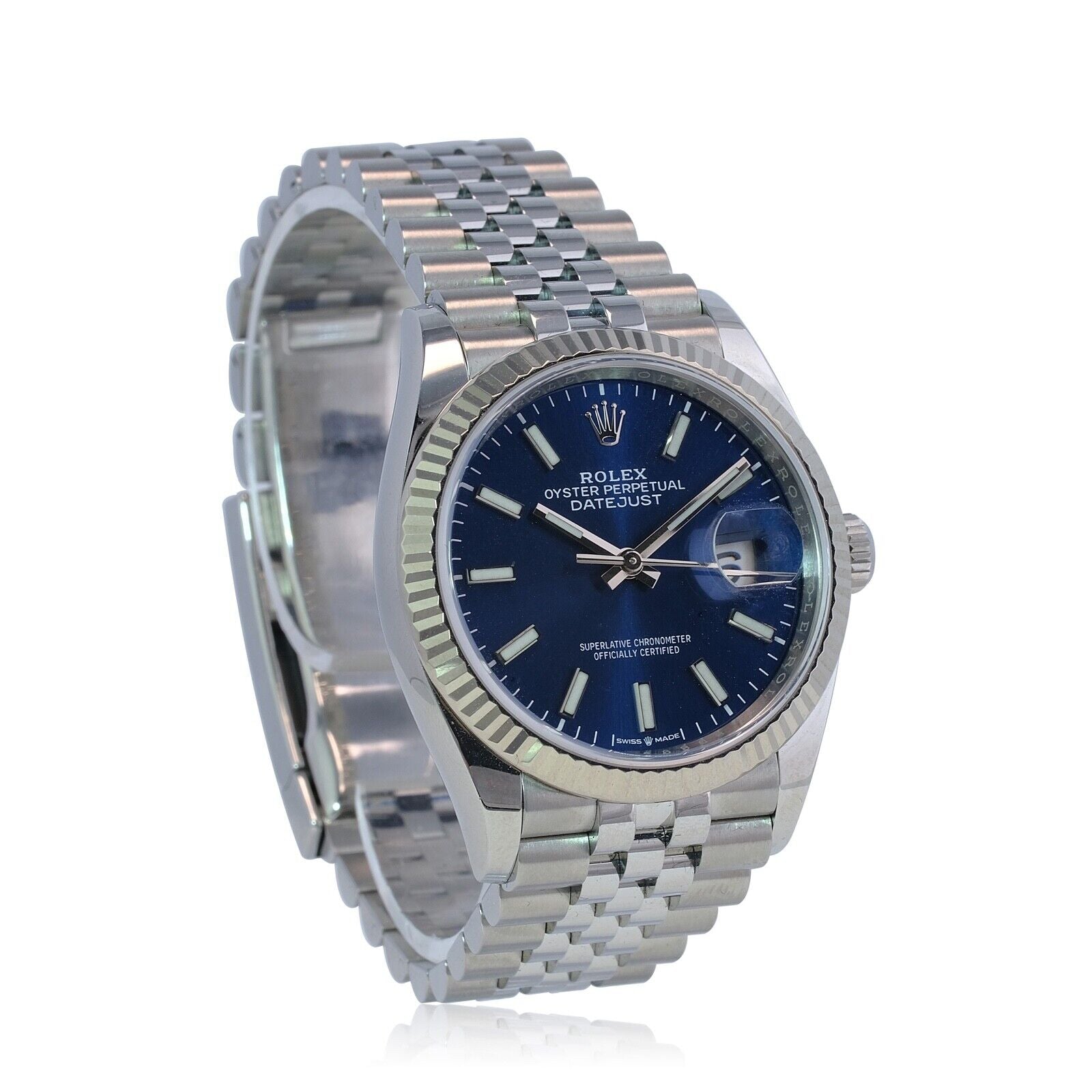 Rolex Datejust 126234 Blue Index Dial 18k White Gold Fluted Jubilee Watch 36mm - luxuriantconcierge