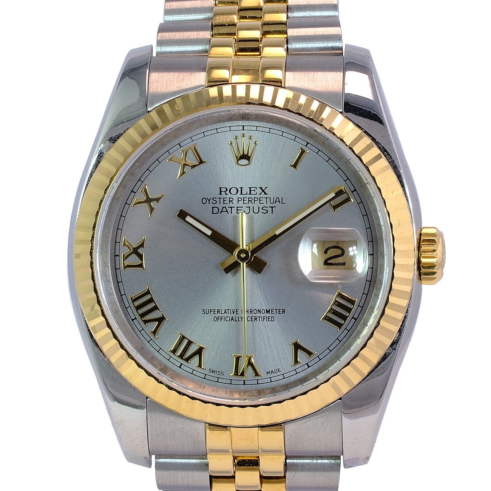 Mens Rolex Datejust 116233 18KY & SS Grey Roman Numeral Dial Fluted Jubilee Band - luxuriantconcierge