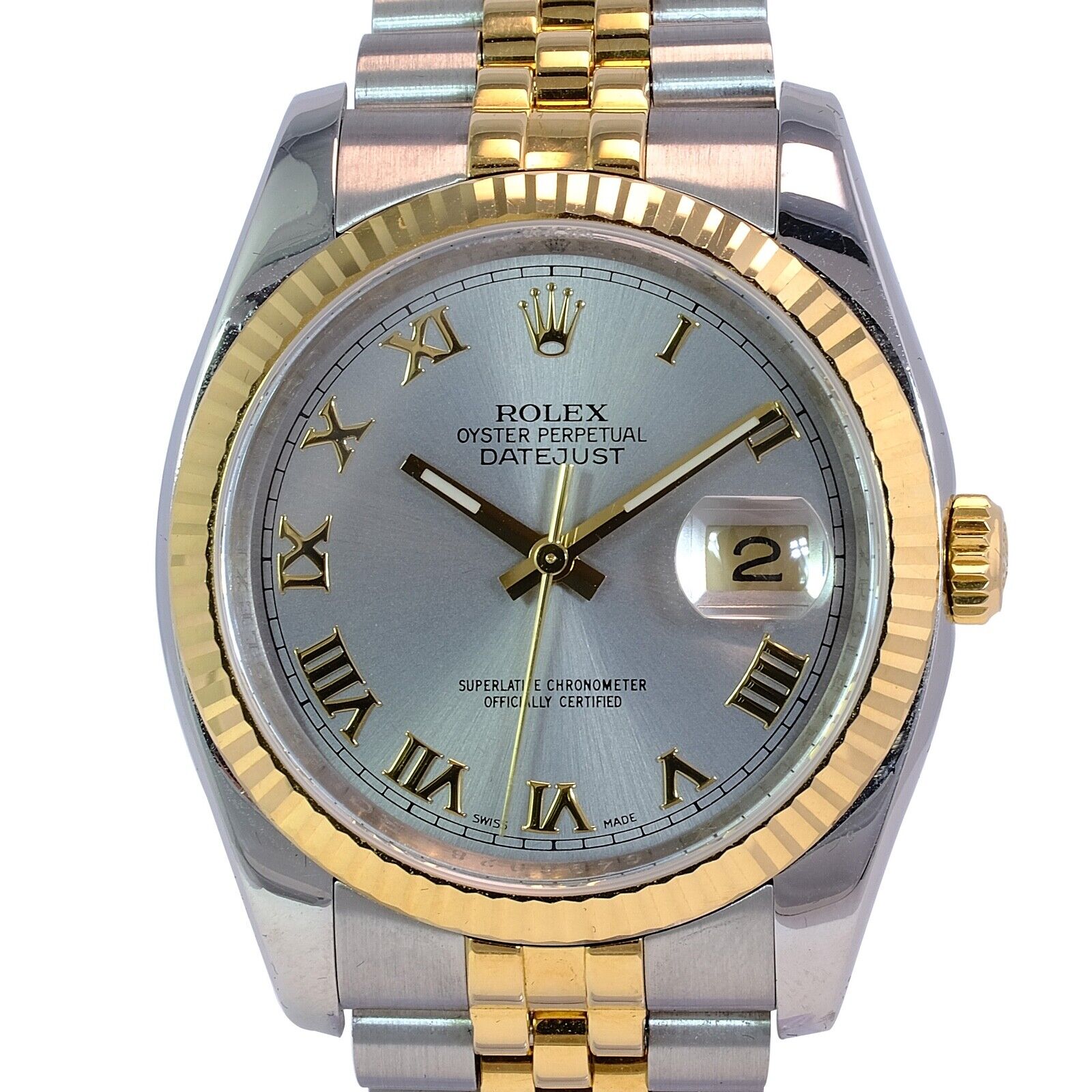 Mens Rolex Datejust 116233 18KY & SS Grey Roman Numeral Dial Fluted Jubilee Band - luxuriantconcierge