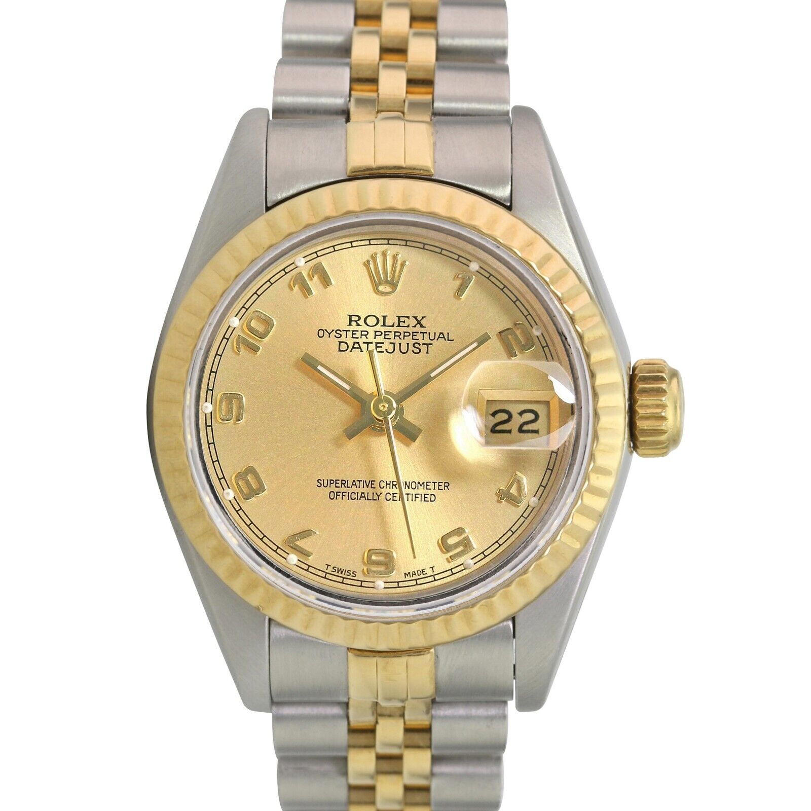 Rolex Ladies Datejust Two-Tone Champagne Arabic Dial SS & 18KY Gold Bezel Watch - luxuriantconcierge