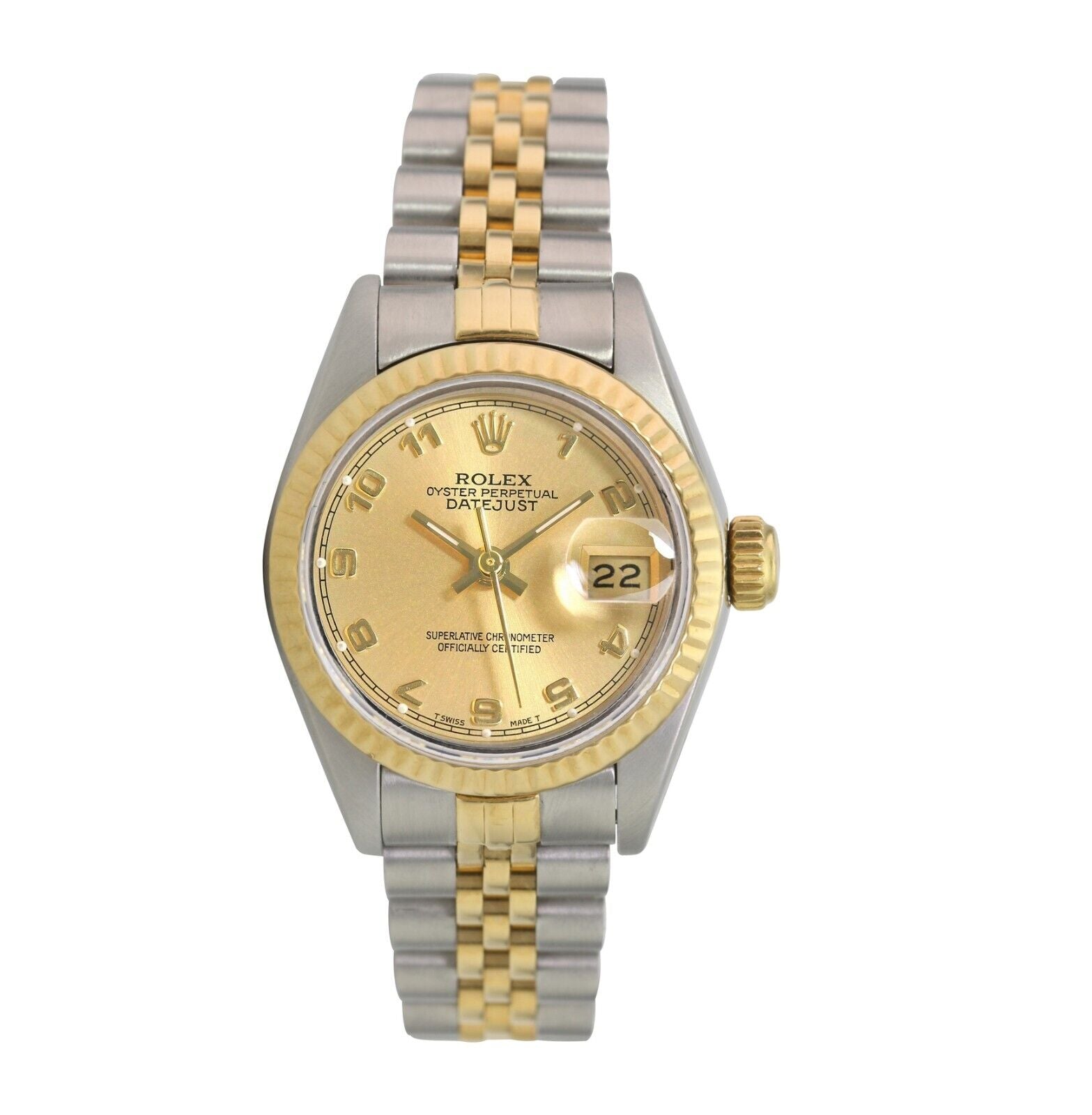 Rolex Ladies Datejust Two-Tone Champagne Arabic Dial SS & 18KY Gold Bezel Watch - luxuriantconcierge