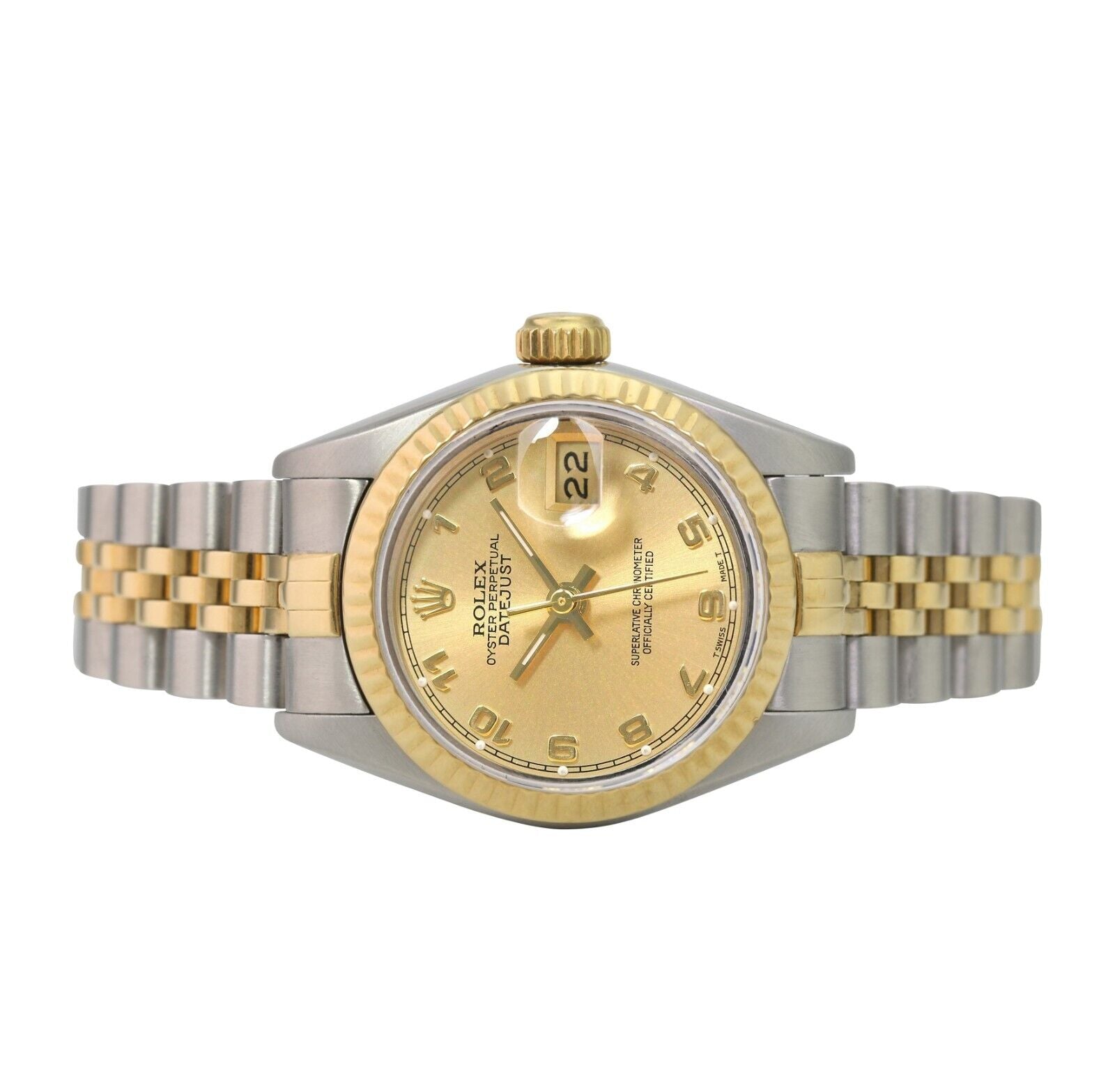 Rolex Ladies Datejust Two-Tone Champagne Arabic Dial SS & 18KY Gold Bezel Watch - luxuriantconcierge