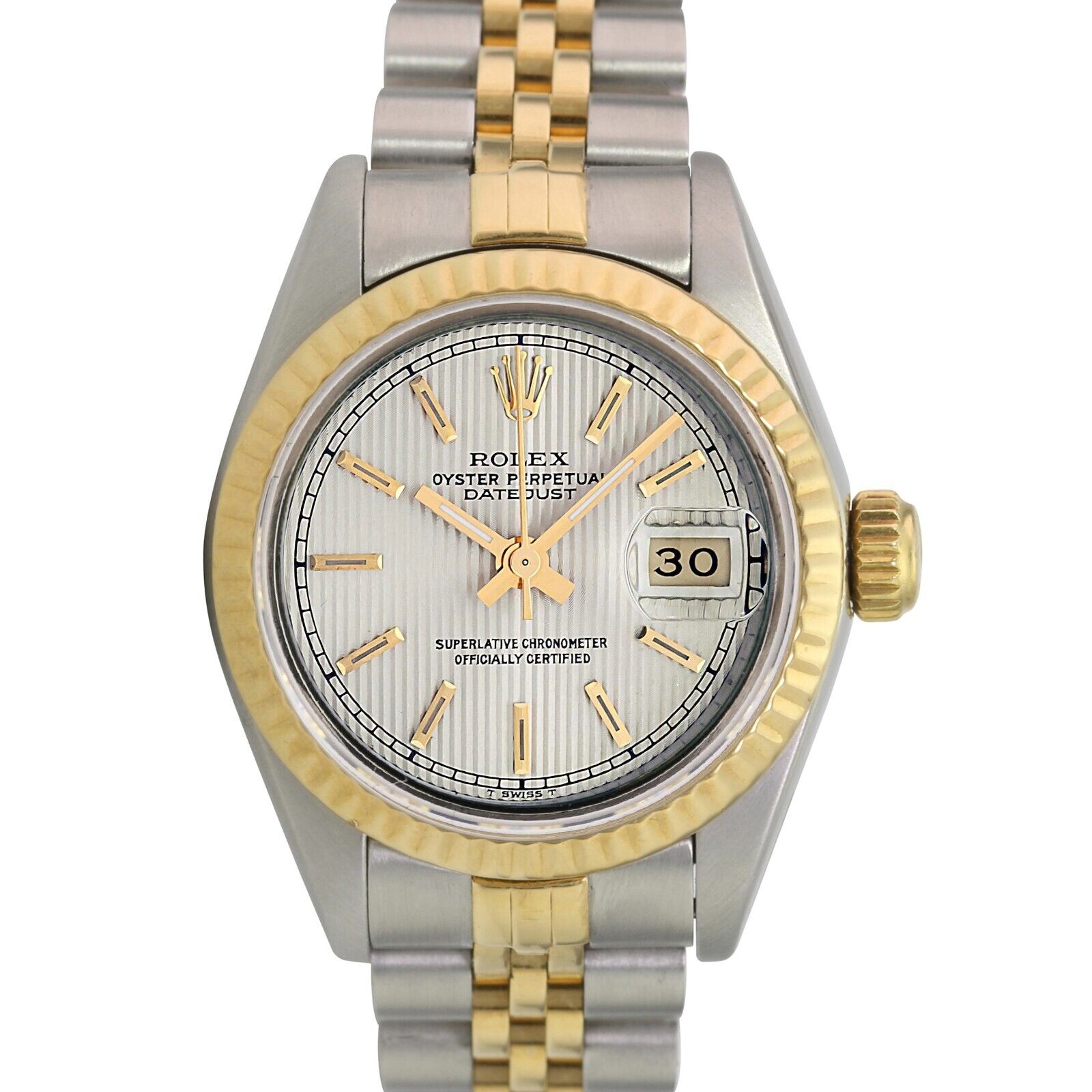 Rolex Ladies Datejust 69173 Cream Tapestry Dial 18ky Fluted Jubilee Watch - luxuriantconcierge