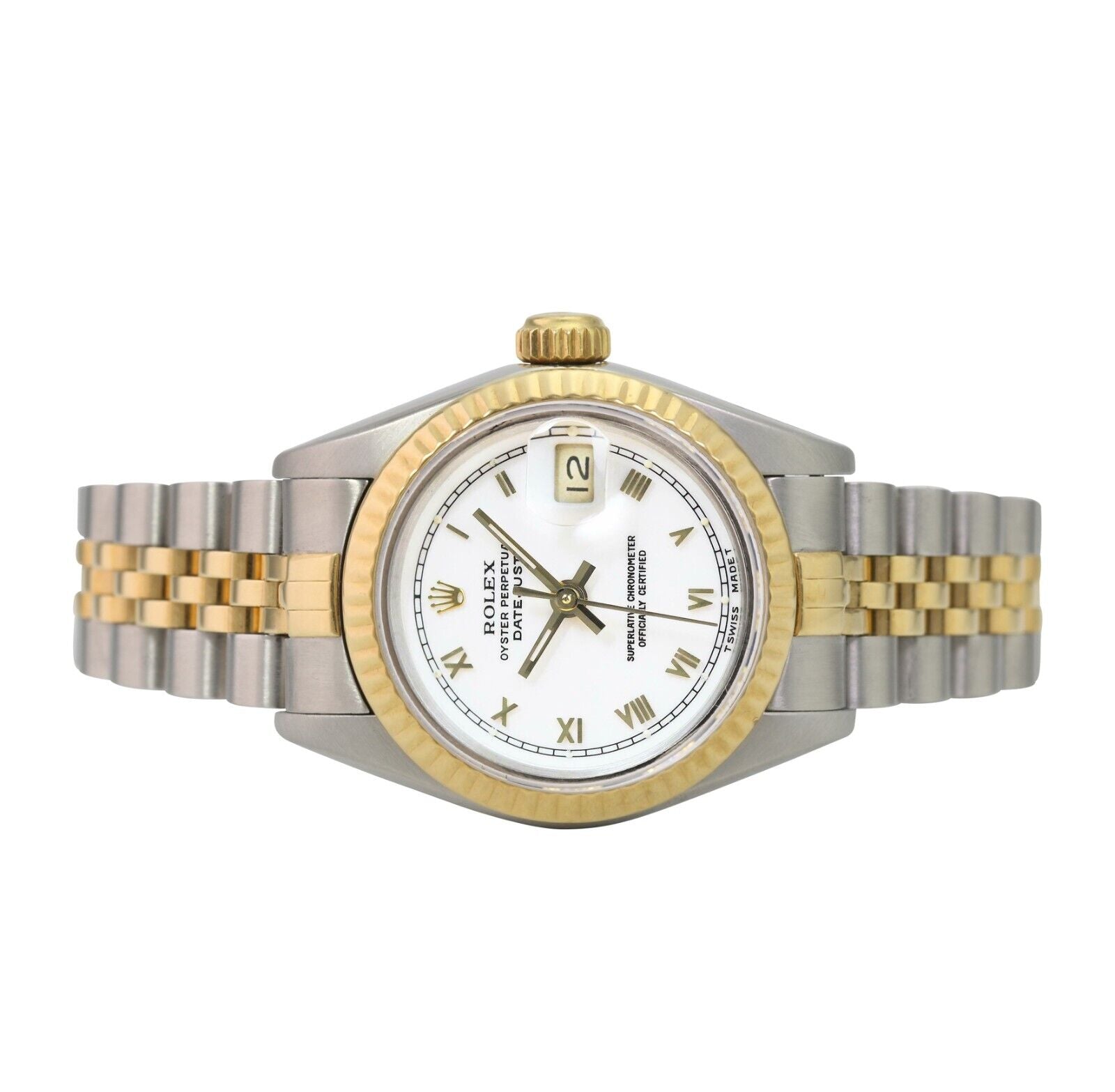 Rolex Ladies Datejust 69173 White Roman Dial 18ky Fluted Jubilee Band Watch 26mm - luxuriantconcierge