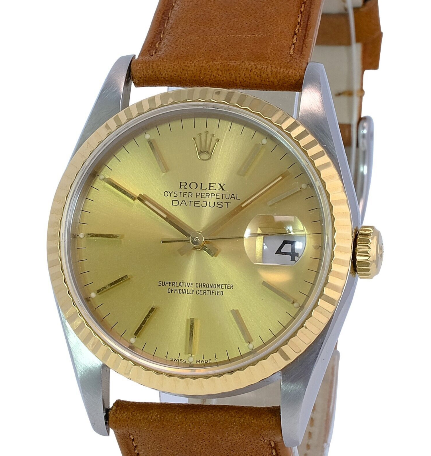 Rolex Men's Datejust 16233 Champagne Dial Fluted Bezel Leather Band 36mm Watch - luxuriantconcierge