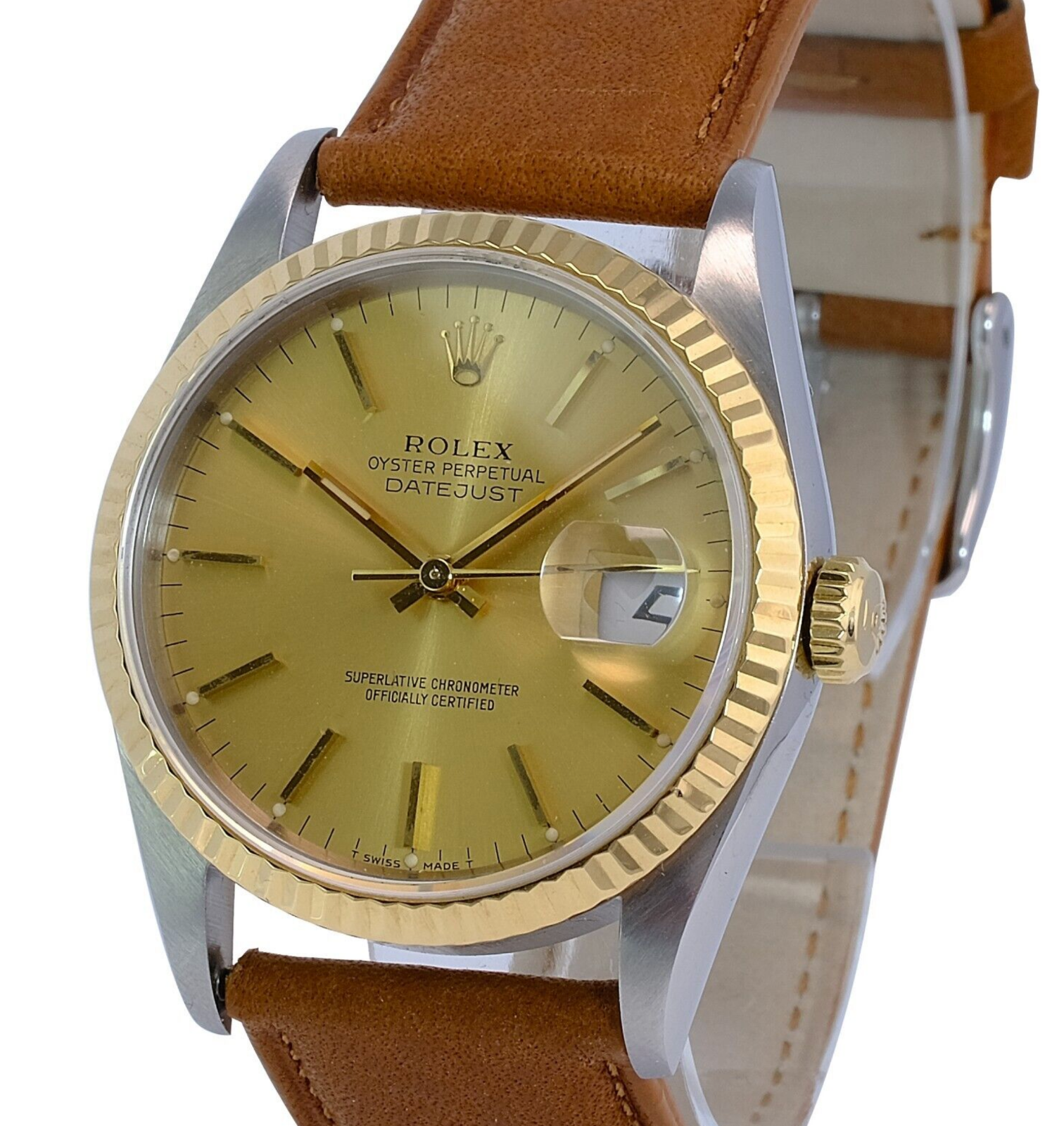 Rolex Men's Datejust 16233 Champagne Dial Fluted Bezel Leather Band 36mm Watch - luxuriantconcierge