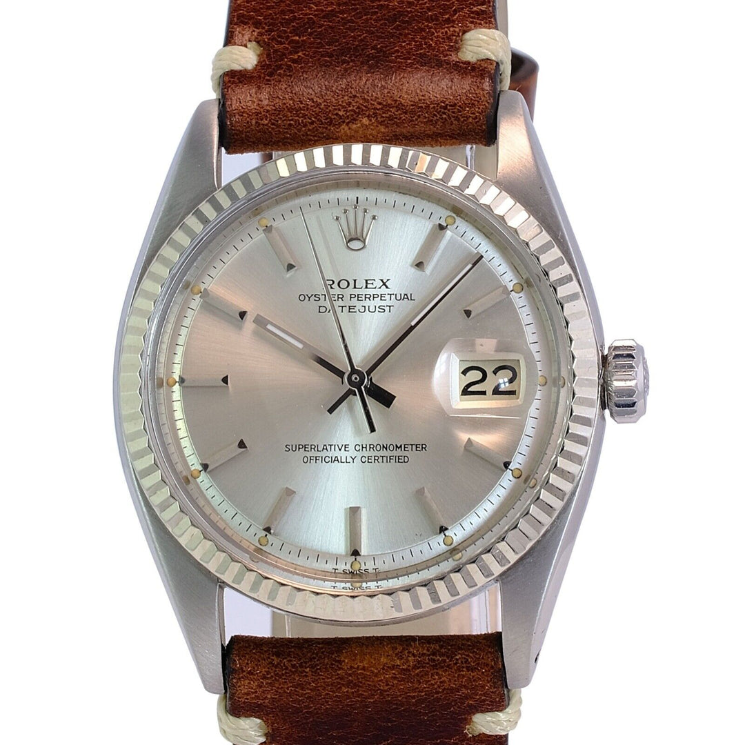Rolex Datejust Mens White Gold & Ss 36mm Silver Index Dial Fluted Leather Watch - luxuriantconcierge