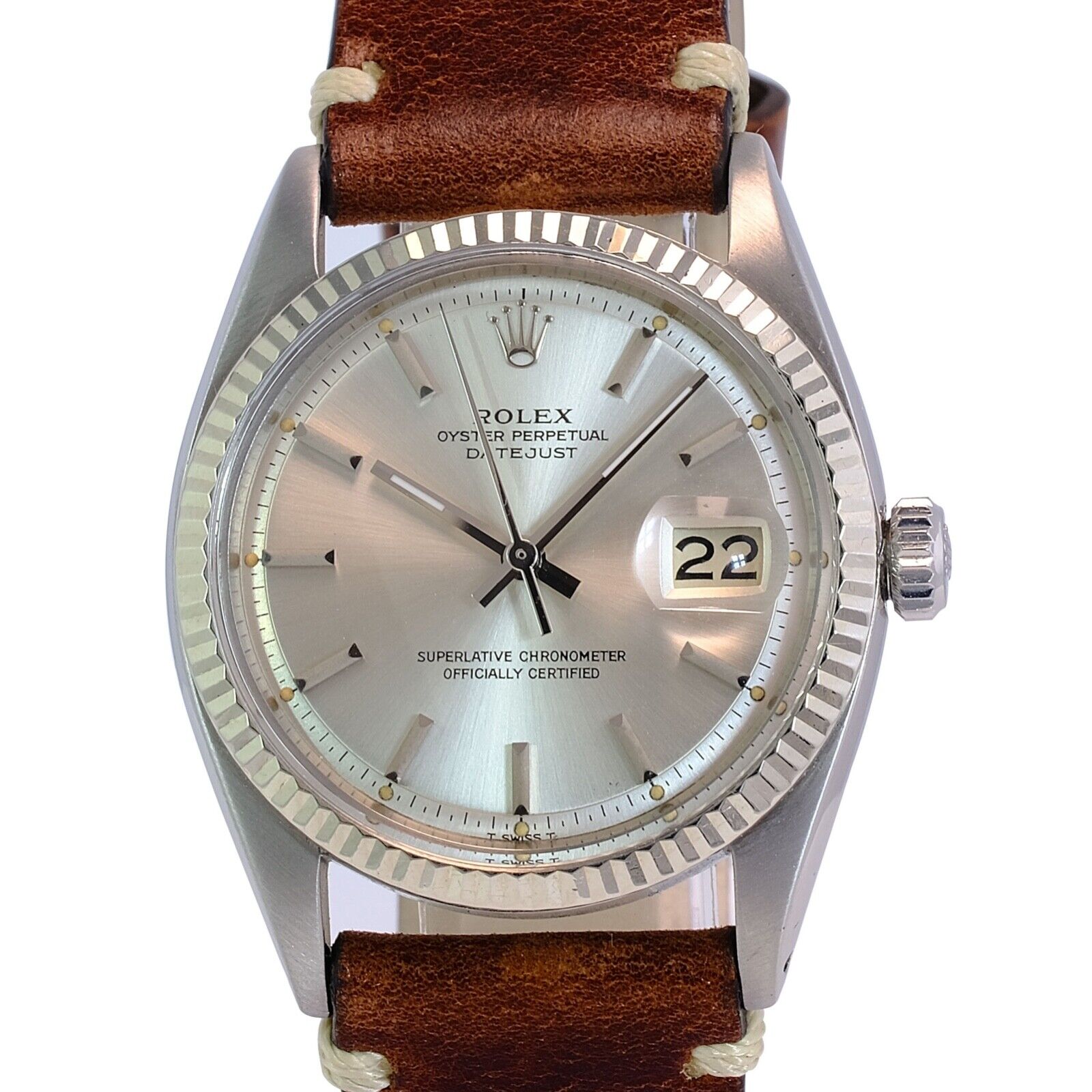 Rolex Datejust Mens White Gold & Ss 36mm Silver Index Dial Fluted Leather Watch - luxuriantconcierge