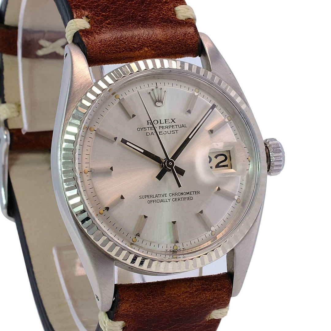 Rolex Datejust Mens White Gold & Ss 36mm Silver Index Dial Fluted Leather Watch - luxuriantconcierge