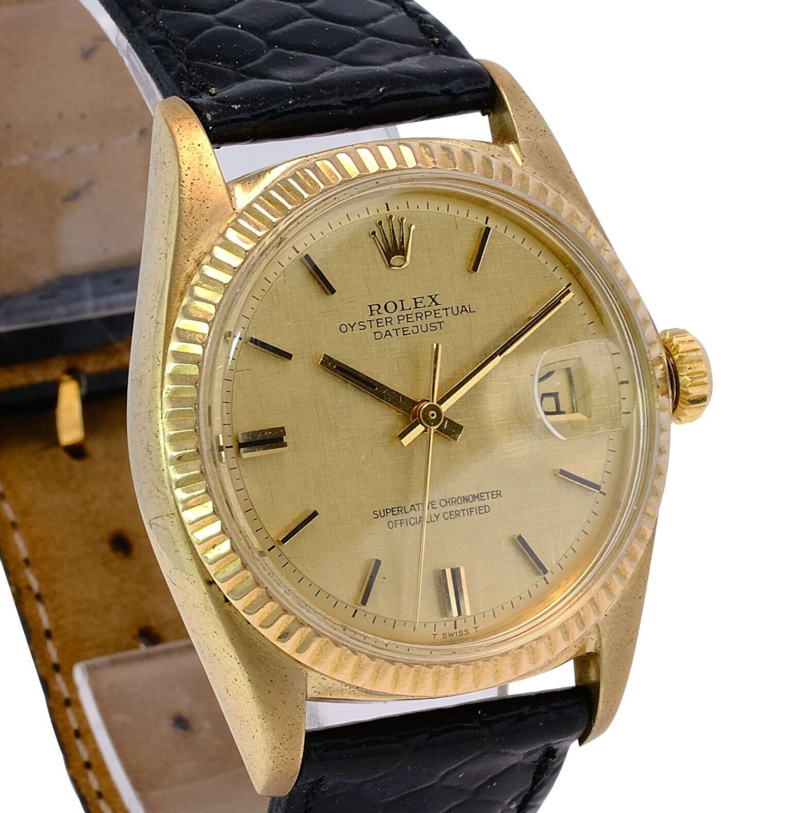 Vintage Men's Rolex Datejust 18ky Gold Champagne Linen Dial Fluted 36mm Watch - luxuriantconcierge