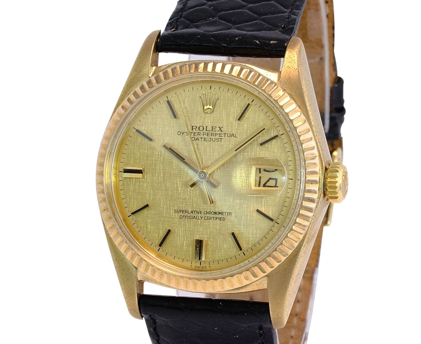 Vintage Men's Rolex Datejust 18ky Gold Champagne Linen Dial Fluted 36mm Watch - luxuriantconcierge