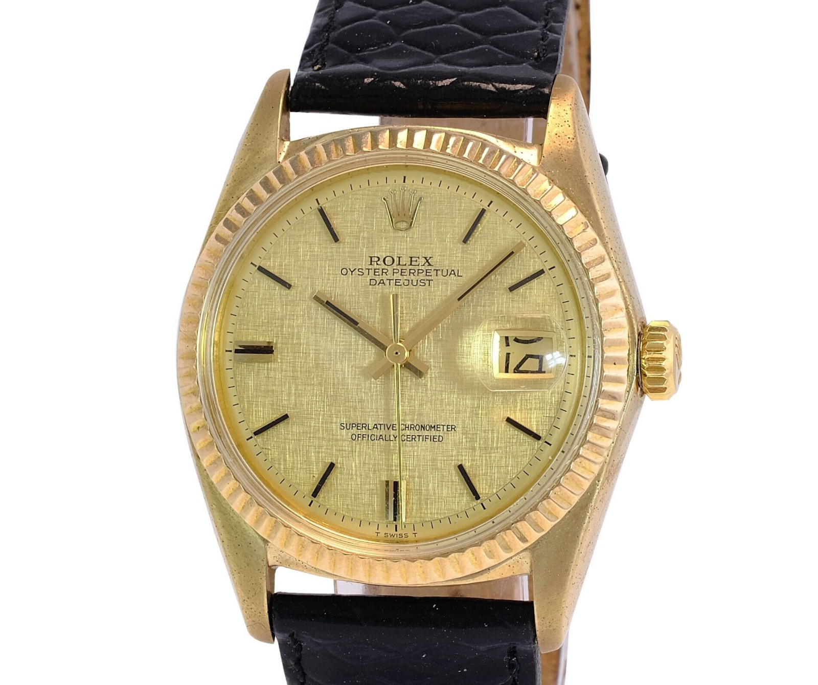 Vintage Men's Rolex Datejust 18ky Gold Champagne Linen Dial Fluted 36mm Watch - luxuriantconcierge