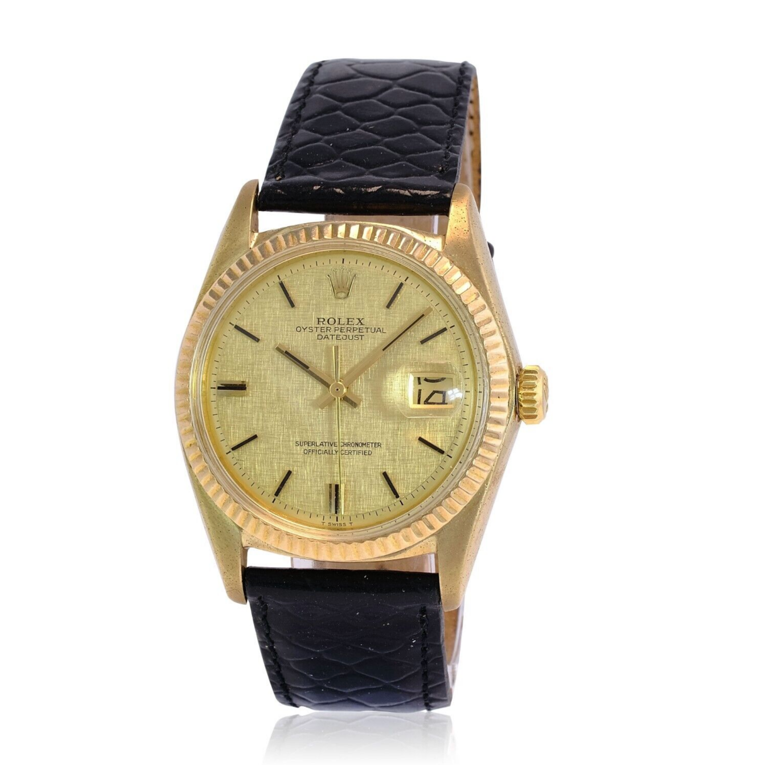 Vintage Men's Rolex Datejust 18ky Gold Champagne Linen Dial Fluted 36mm Watch - luxuriantconcierge