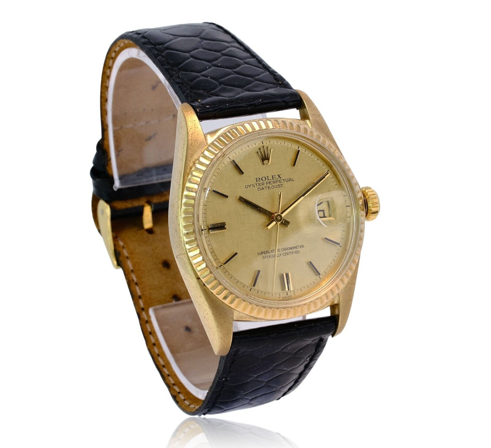 Vintage Men's Rolex Datejust 18ky Gold Champagne Linen Dial Fluted 36mm Watch - luxuriantconcierge