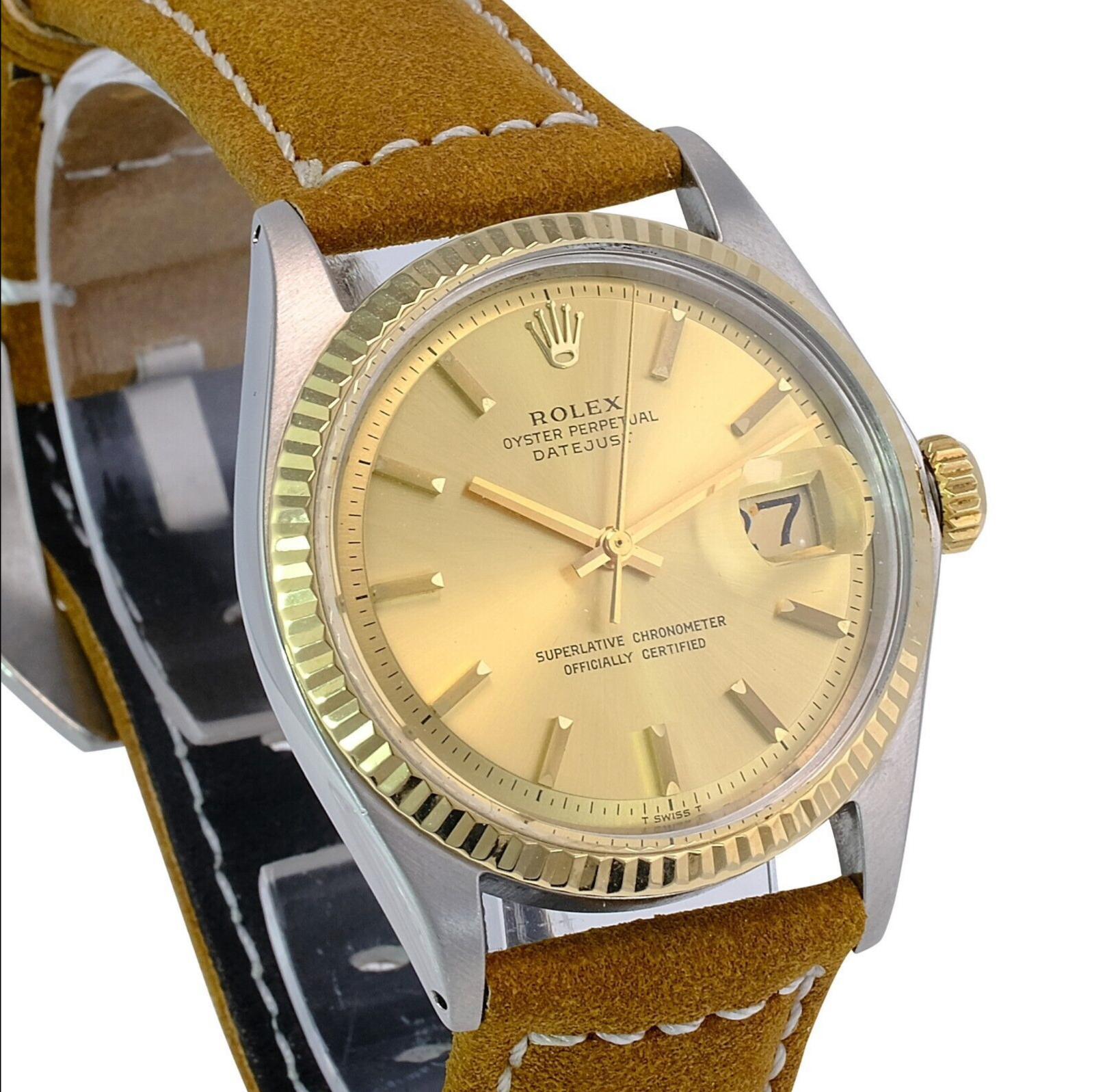 Rolex Men's Datejust Champagne Dial Fluted Bezel W/ Leather Band Watch 36mm - luxuriantconcierge