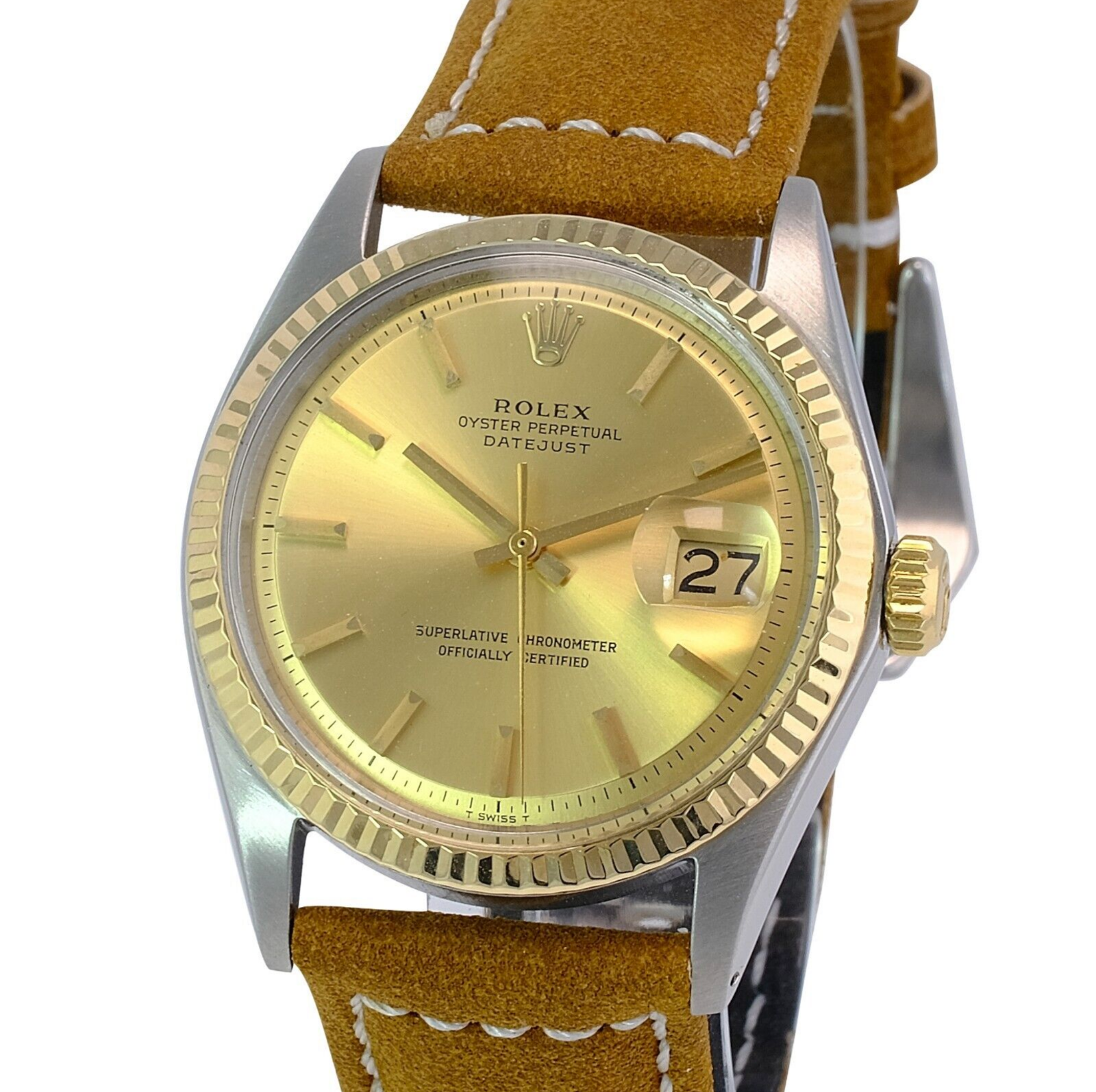 Rolex Men's Datejust Champagne Dial Fluted Bezel W/ Leather Band Watch 36mm - luxuriantconcierge