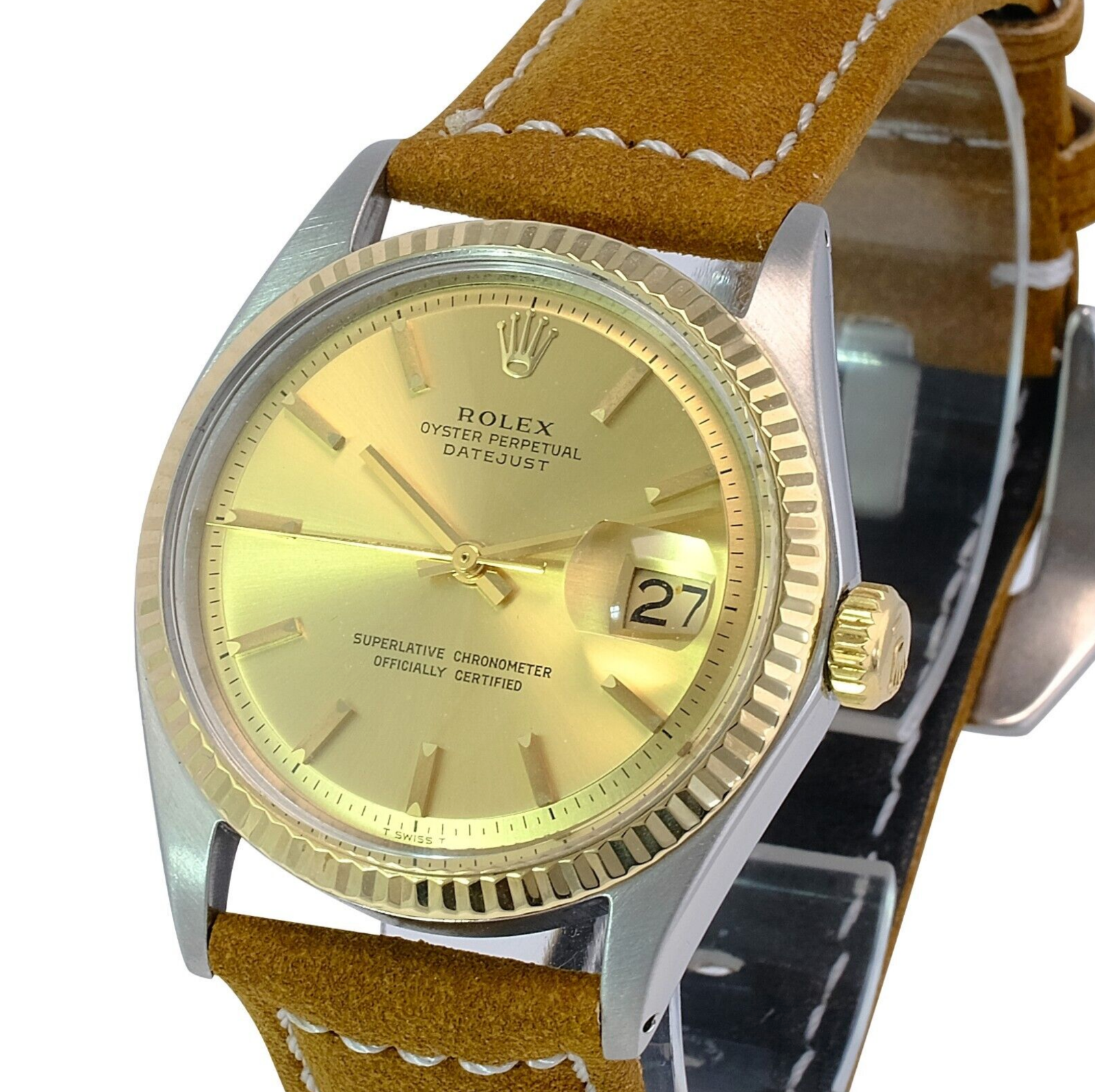 Rolex Men's Datejust Champagne Dial Fluted Bezel W/ Leather Band Watch 36mm - luxuriantconcierge