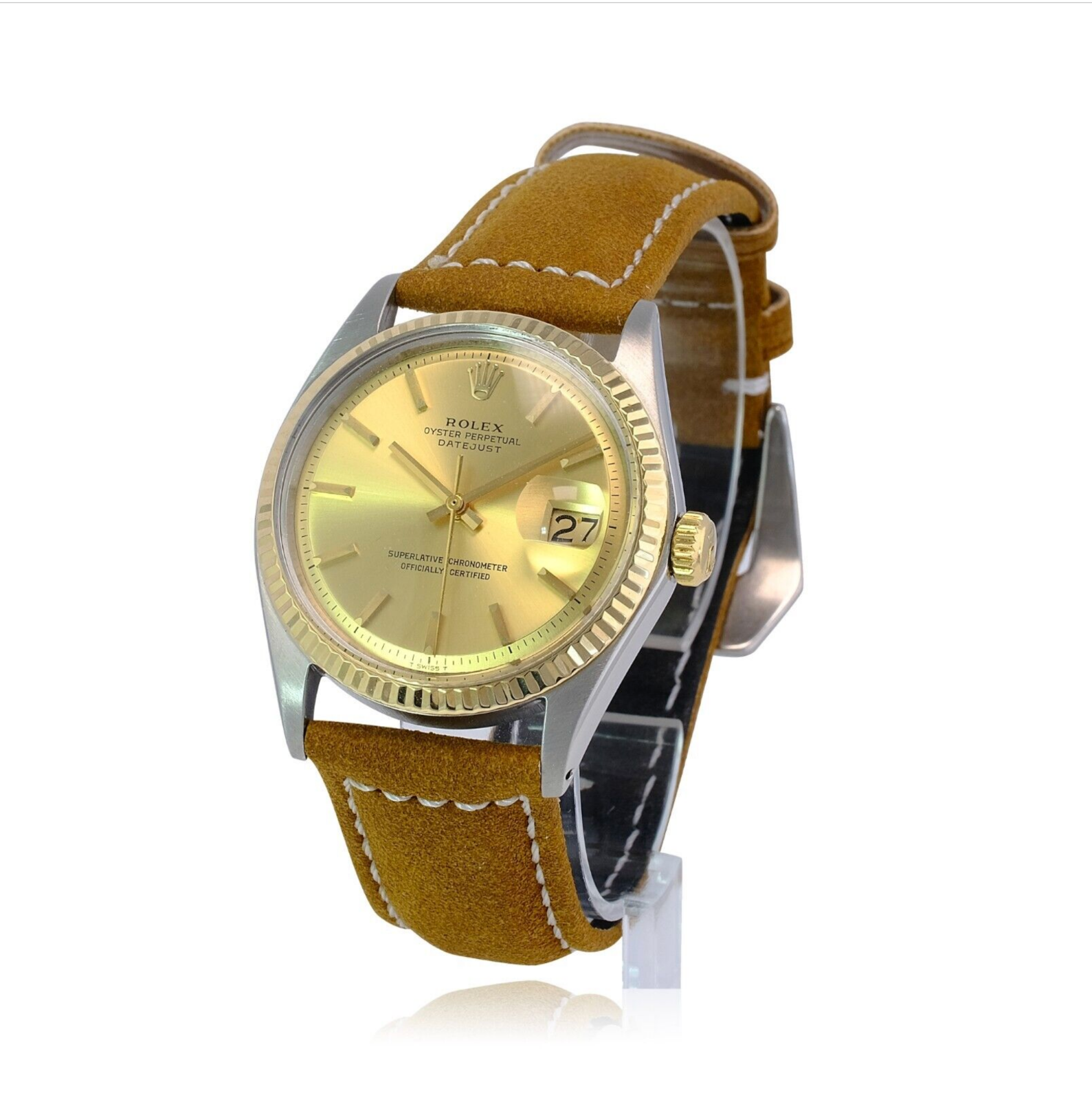 Rolex Men's Datejust Champagne Dial Fluted Bezel W/ Leather Band Watch 36mm - luxuriantconcierge