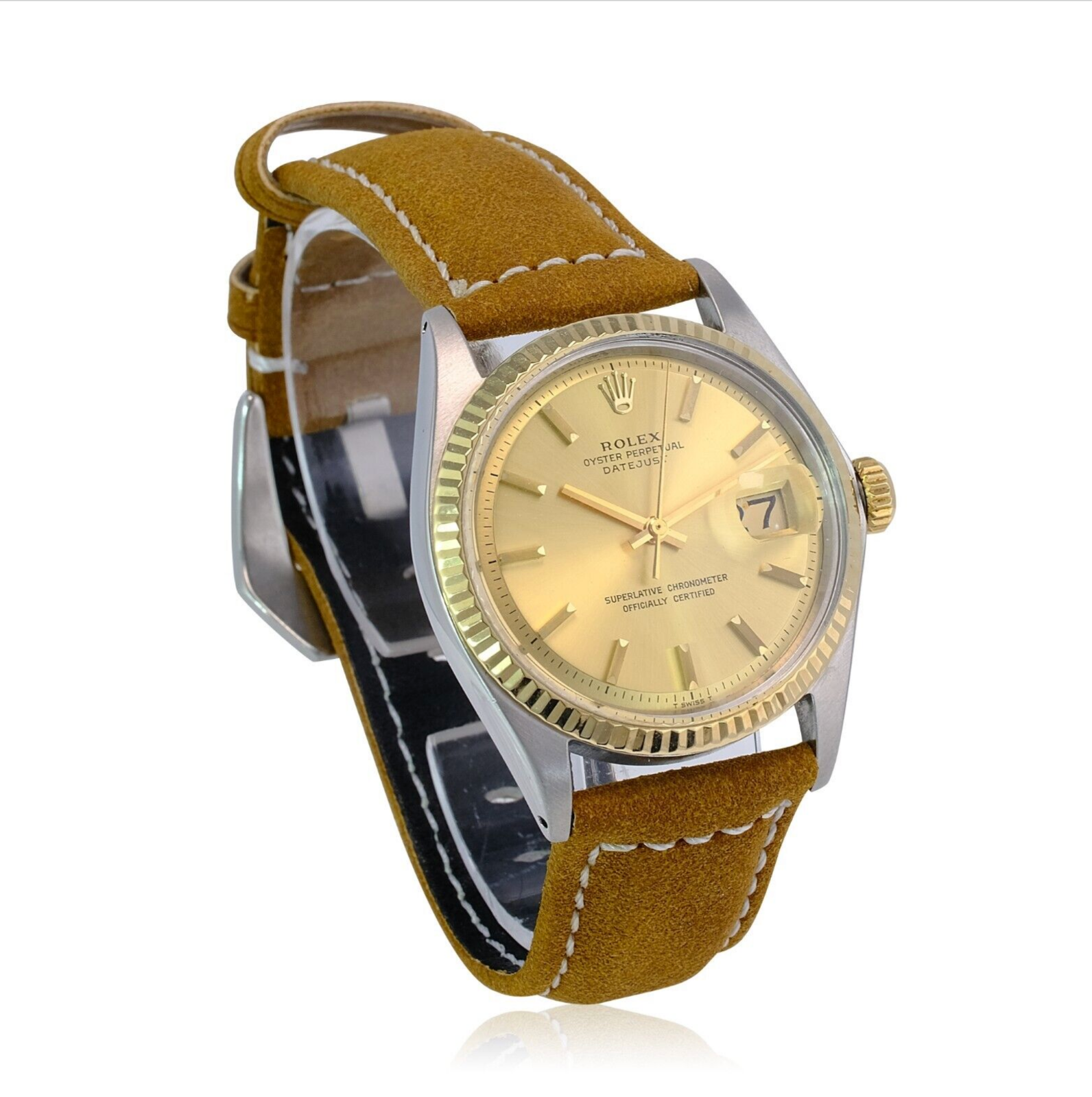 Rolex Men's Datejust Champagne Dial Fluted Bezel W/ Leather Band Watch 36mm - luxuriantconcierge