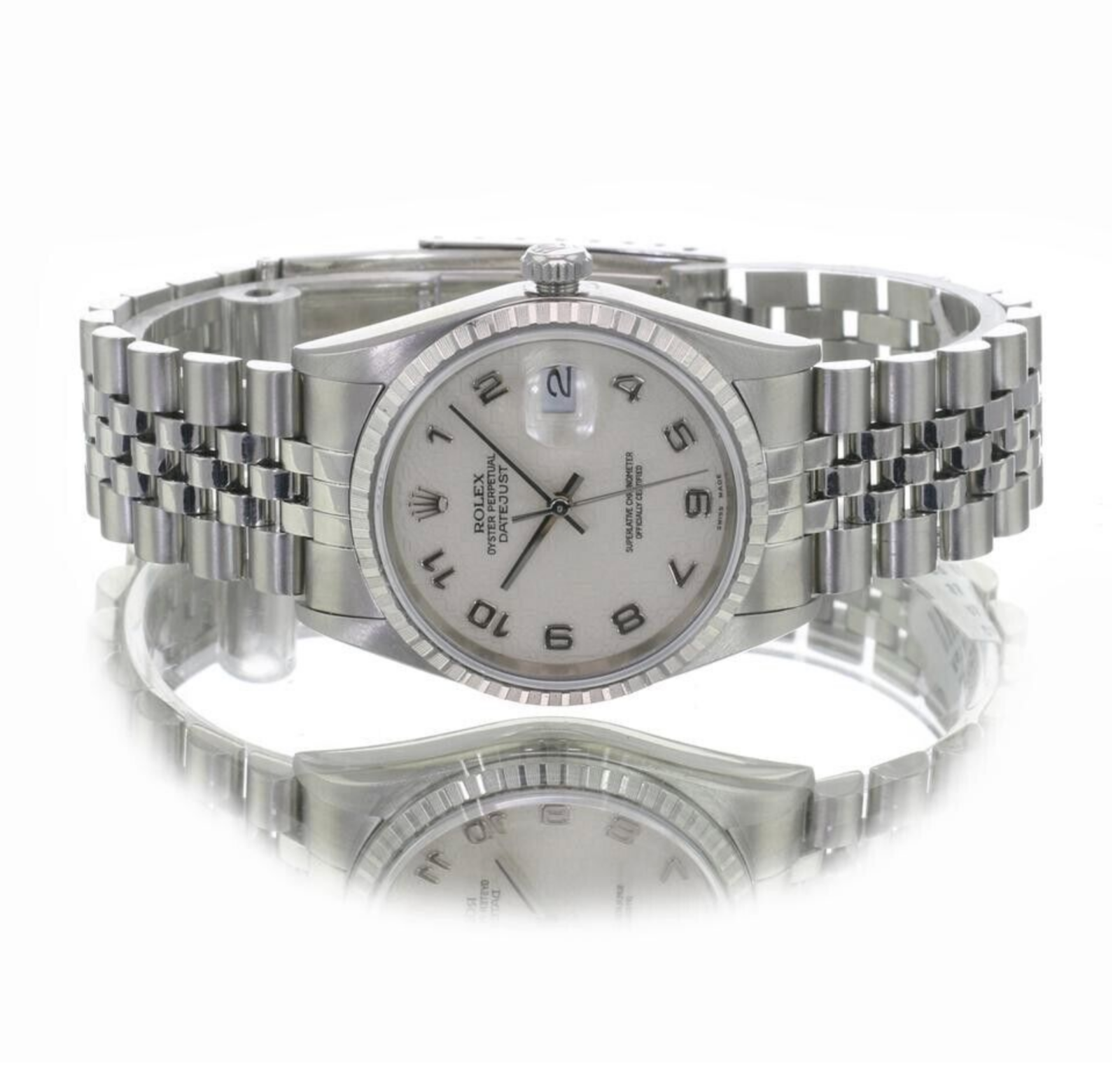 Rolex Men's Datejust SS Cream Jubilee Arabic Dial Engine-turned Bezel 36mm Watch - luxuriantconcierge