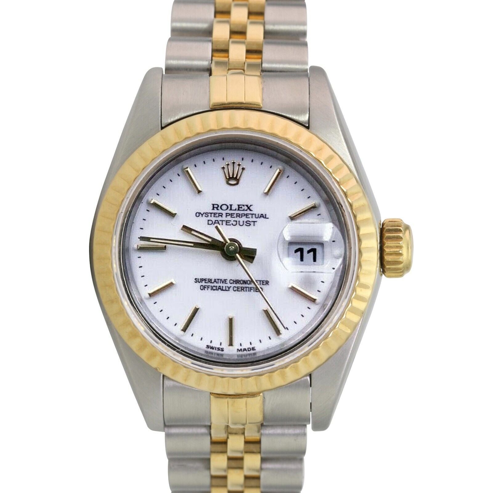 Rolex Datejust Watch Ladies 18ky Gold & Ss White Index Dial Fluted Jubilee 69173 - luxuriantconcierge