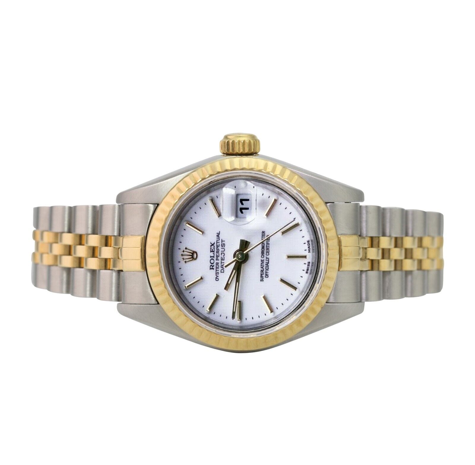 Rolex Datejust Watch Ladies 18ky Gold & Ss White Index Dial Fluted Jubilee 69173 - luxuriantconcierge